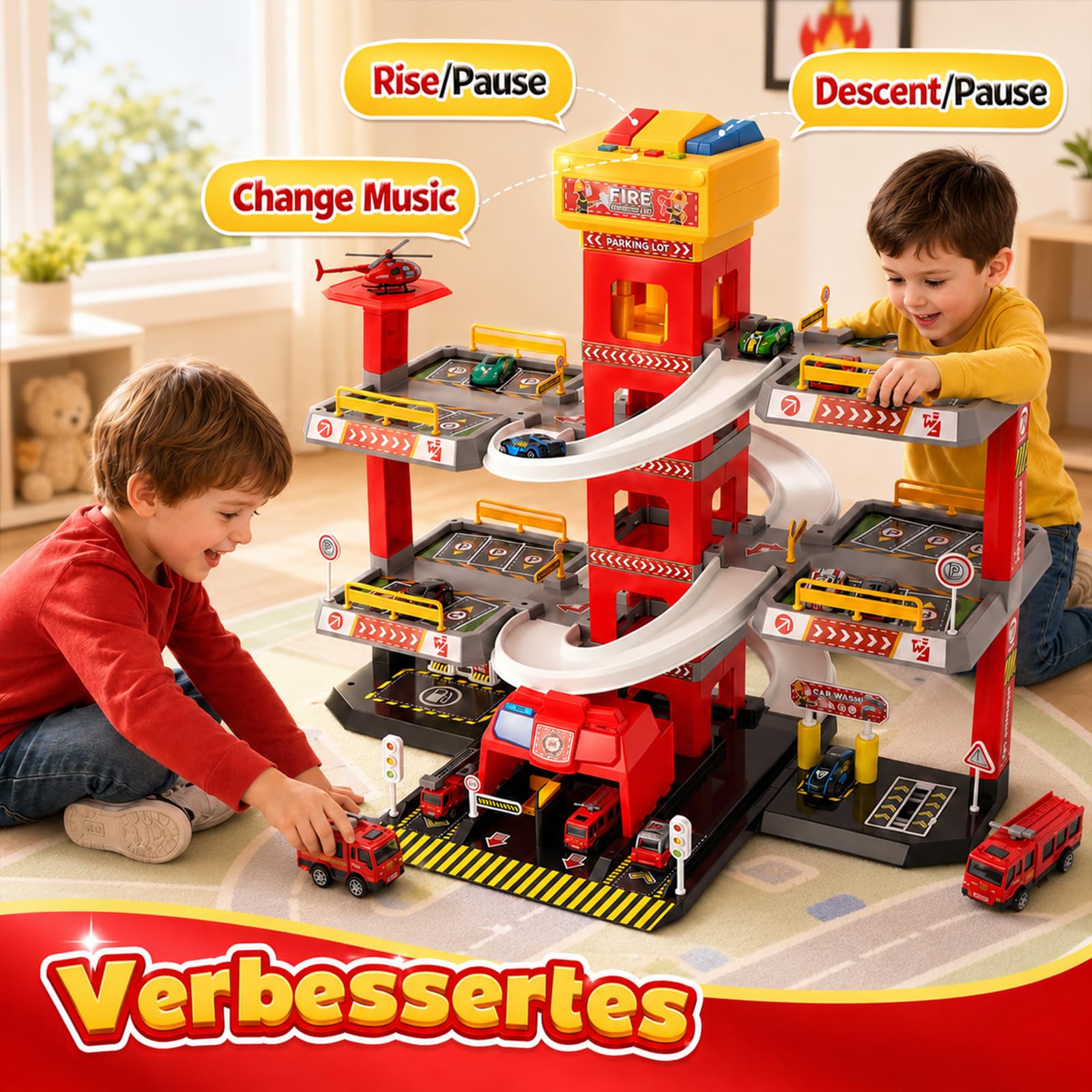 Garage parcheggio a 5 piani per bambini, camion dei pompieri con ascensore, stazione di servizio e piazza di atterraggio degli elicotteri, 10 auto in metallo, 4 auto in lega e 1 elicottero, garage