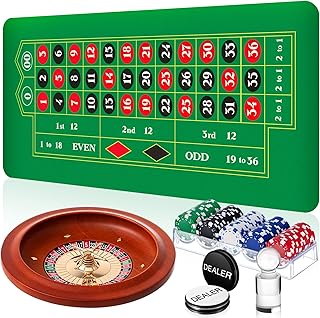 Lunmon Roulette-Rad Spiel-Set beinhaltet 27,9 cm Massivholz-Roulette-Rad, 88,9 x 40,6 cm, Gummi, tragbare Roulette-Tisch-Layout-Matte, 100 Chips, Roulette-Marker, Dealer-Taste