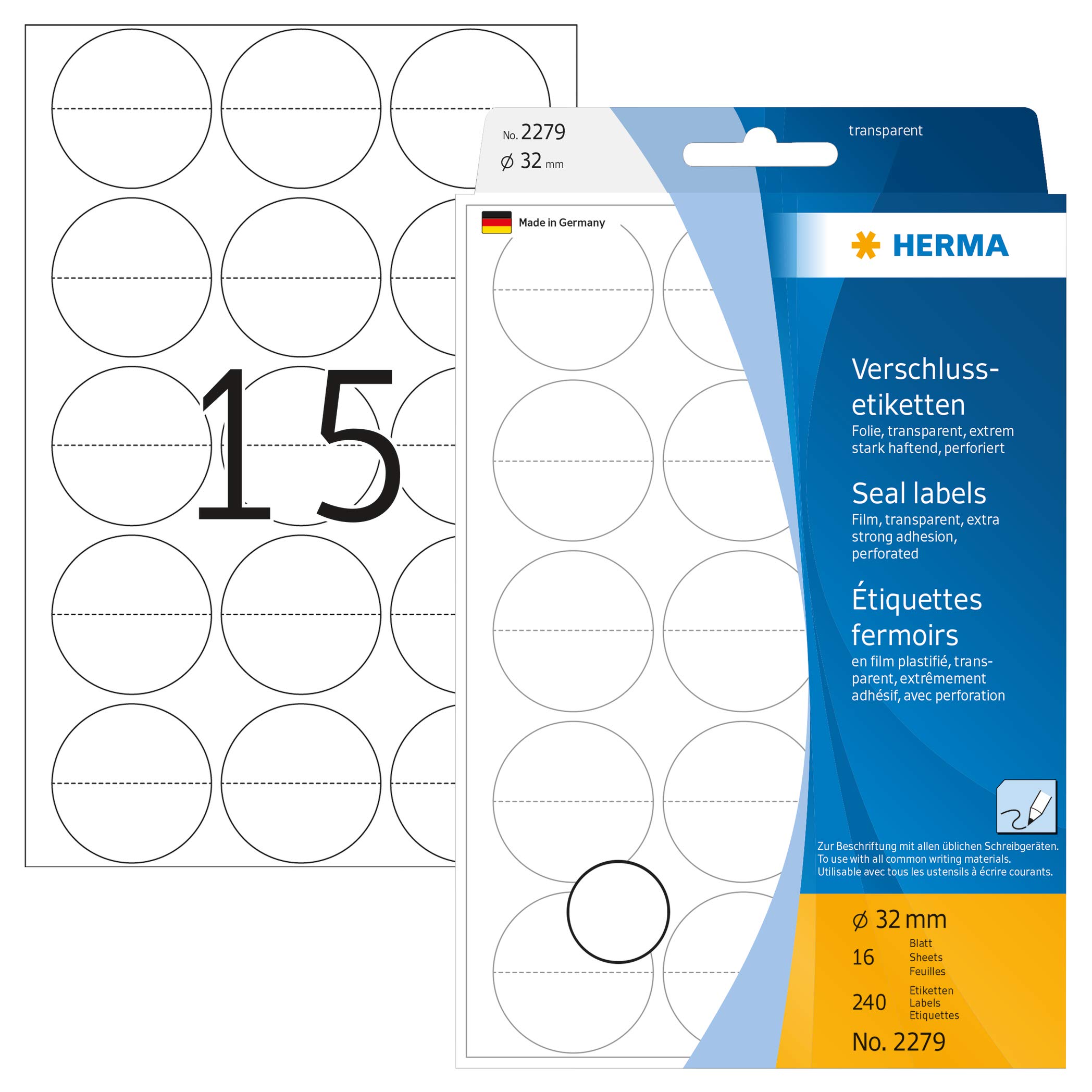 HERMA Clear Seal Stickers, 240 Labels, Ø 32 mm, 15 Labels per Sheet, Self Adhesive Perforated Round Sealing Stickers, Blank Sticky Dots with Perforation for Envelopes Boxes Packaging, Transparent