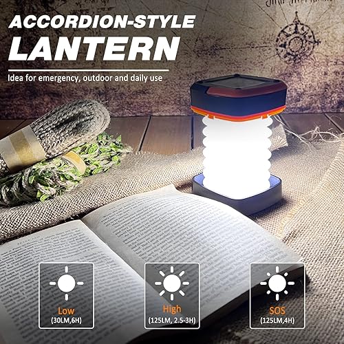 Miniatura 3 de DIBMS - Paquete de 2 linternas solares plegables para campamento, mini linterna plegable USB recargable impermeable, banco de energía para camping,