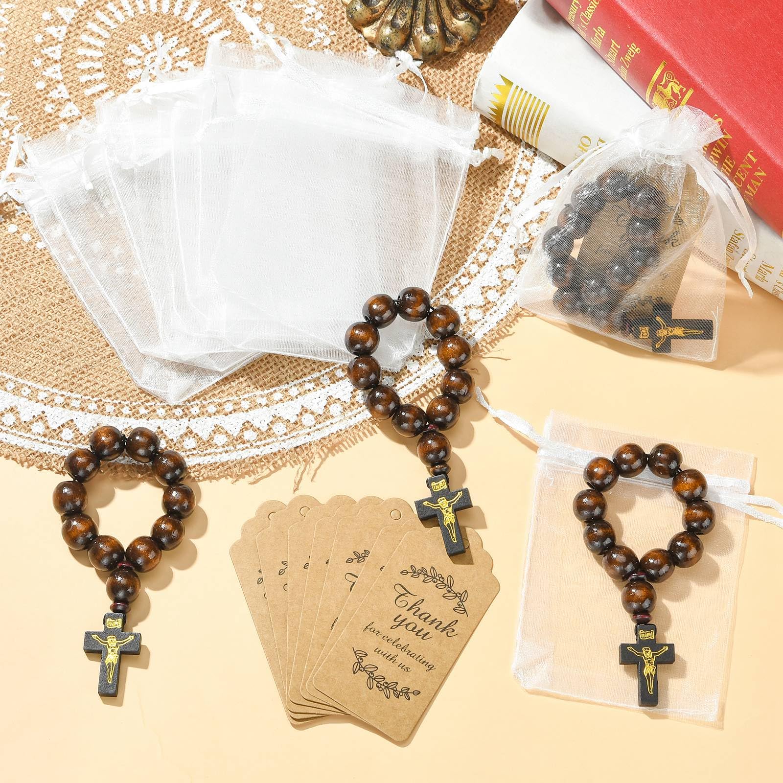 LiQunSweet Holz-Kreuz-Ornamente zum Aufhängen, mit Organza-Geschenkbeuteln und Dankeskarten, Kokosbraun, 110 mm, 20 Stück
