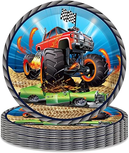 OXYLIPO Paquete de 24 platos de papel de postre Monster Truck de 9 pulgadas, platos redondos desechables para automóvil, platos de fiesta, baby