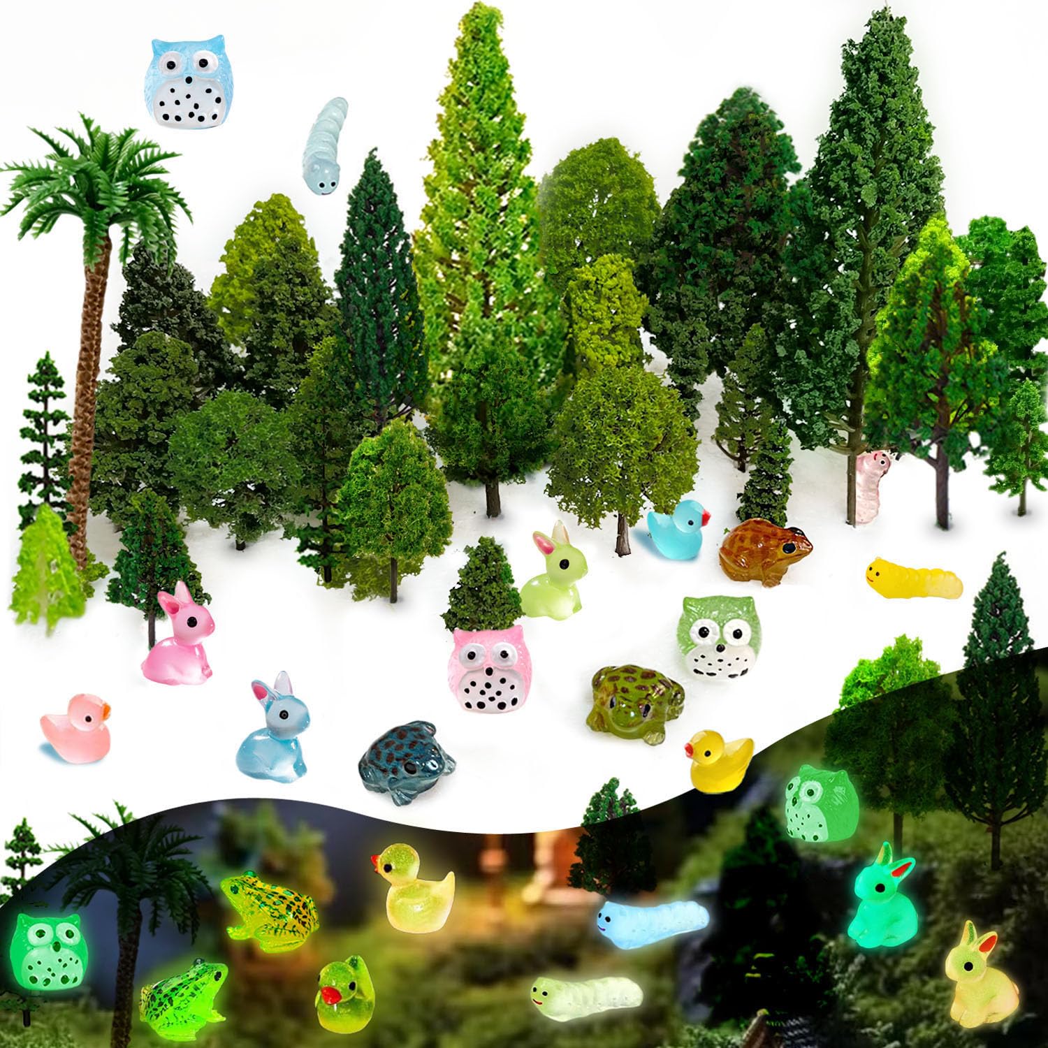 OrgMemory 55Pcs Mixed Model Trees, Resin Animals, Luminous Mini Resin Animal Figurines, Diorama Supplies, Miniature Trees