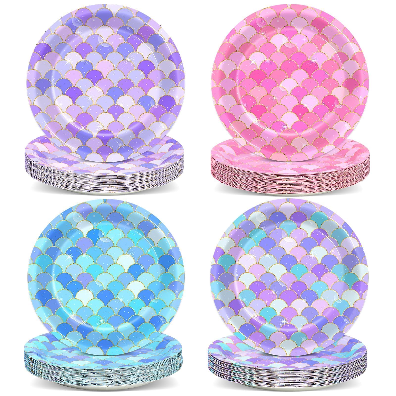 48PCS Mermaid Birthday Party Supplies Mermaids Princess Paper Plate Fish Scale Decoration Tableware Set Under The Sea Theme Dessert Plate for Girls