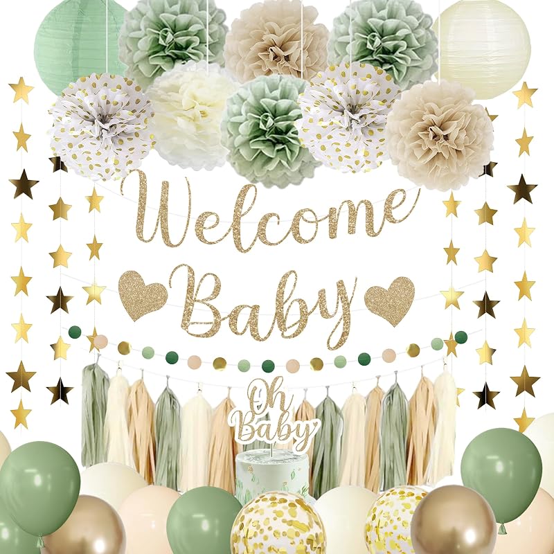 Amandir Sage Green Baby Shower Decoraciones Banner de bienvenida para bebé | Globos verdes, adorno para tarta, linternas, flores de papel, borlas, puntos, guirnalda de estrellas, suministros para fiesta de cumpleaños con revelación de género bohemio
