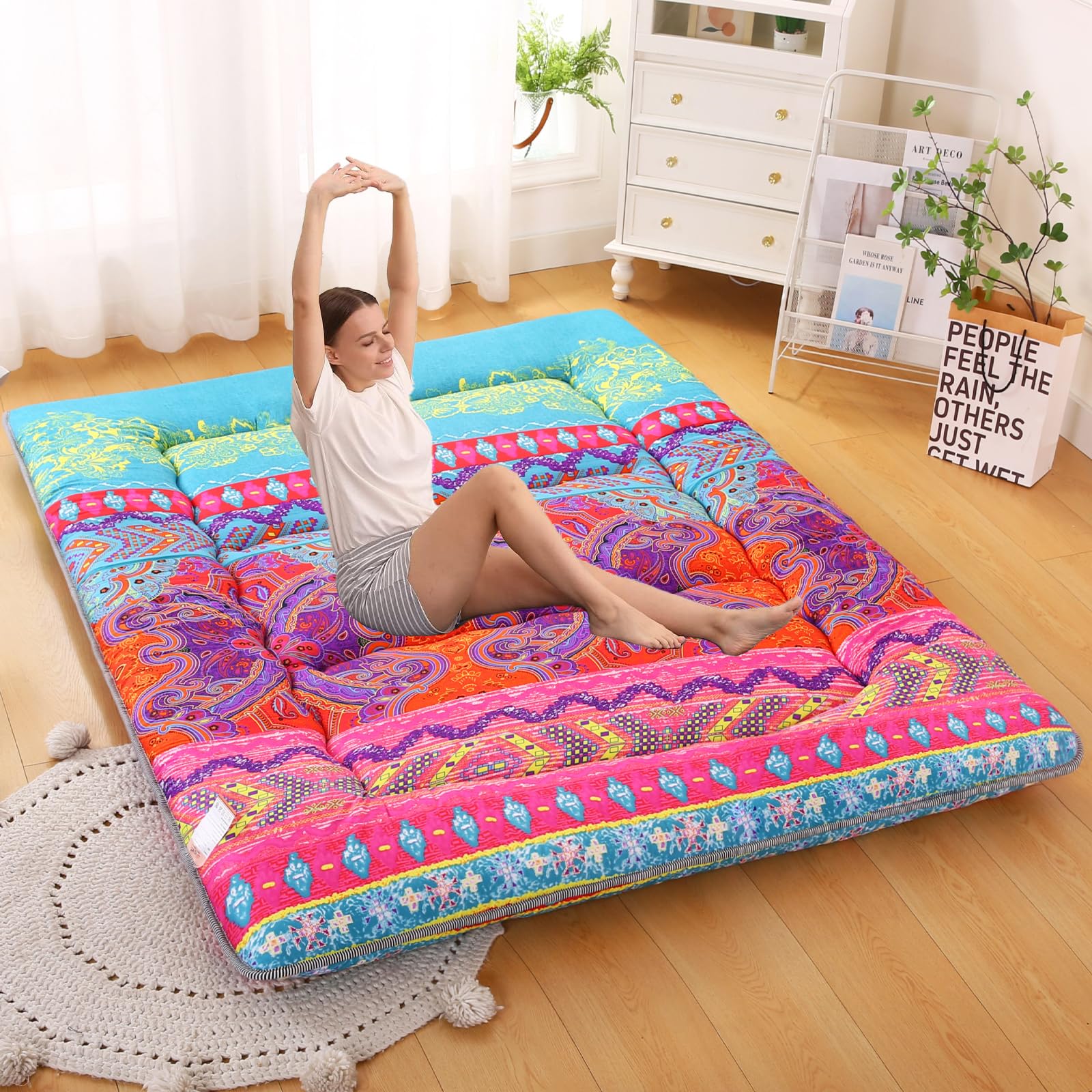 JZGYDD Bohemian Retro Japanese Floor Mattress, Vintage Floral Tatami Floor Mat, Portable Roll up Futon Mattress for Guest,Tavel (D,Twin 80" x 36")