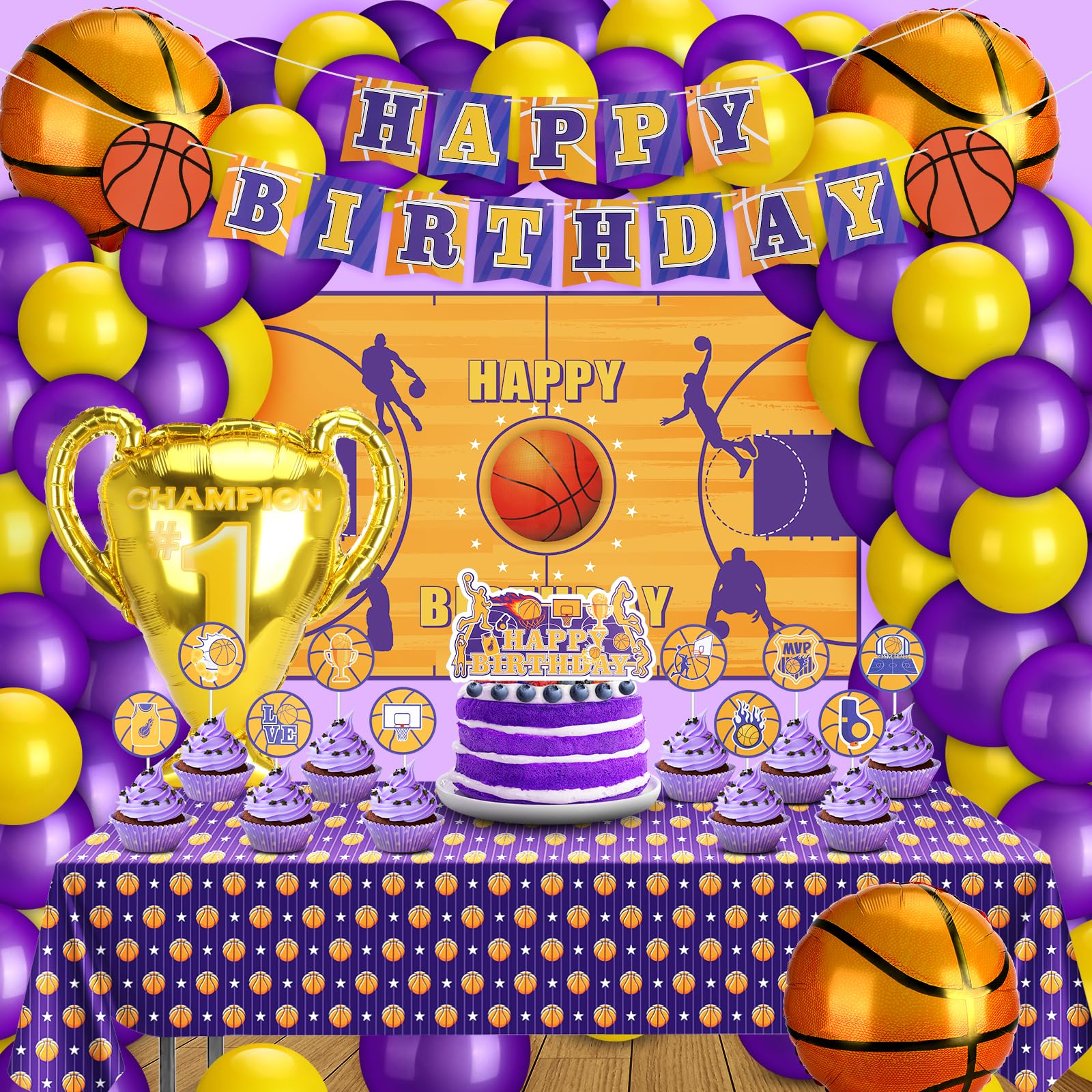 Basketball Party Decorations, 131PCS Basketball Birthday Party Supplies with Purple and Yellow Balloons Arch Kit, Basketball Theme Decor Backdrop