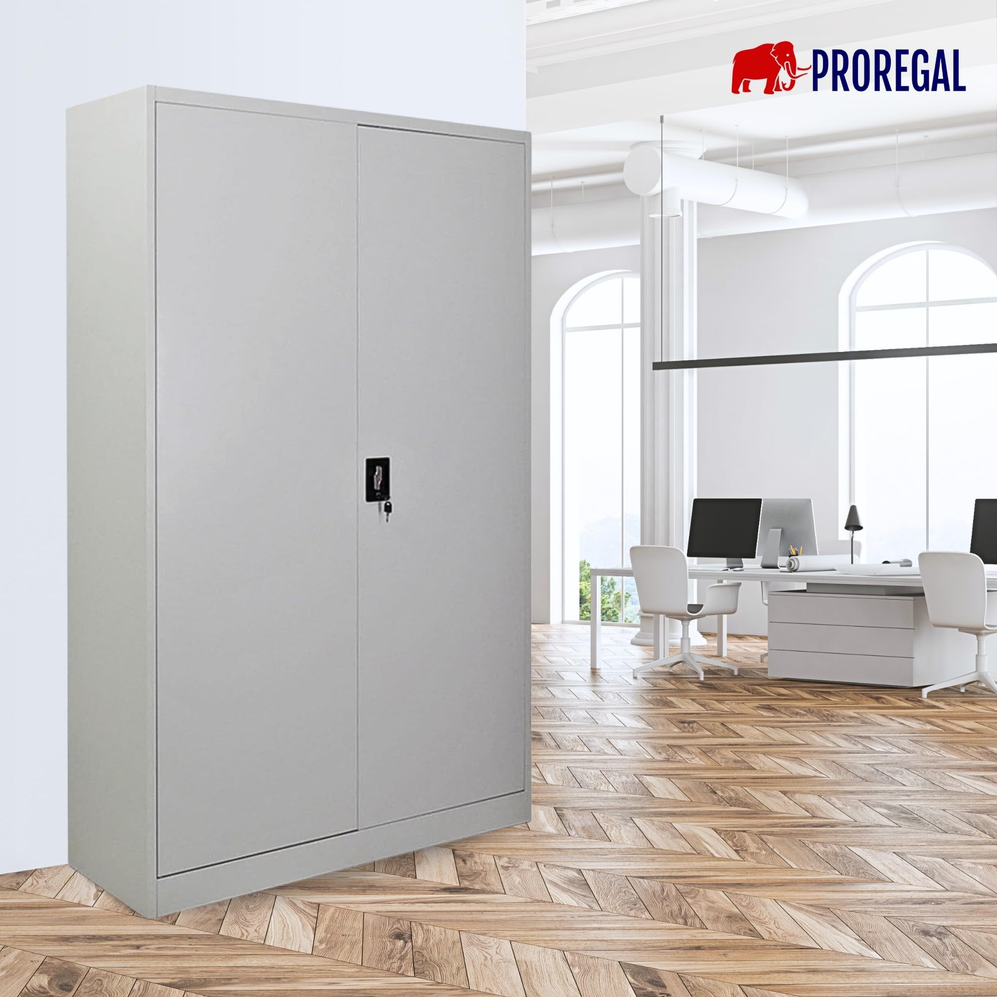 PROREGAL Mega Deal 2X Armoire à Portes battantes Elephant Armoire de classement en métal verrouillable 2 Portes 180x120x40cm en Acier 4 Niveaux Gris Clair