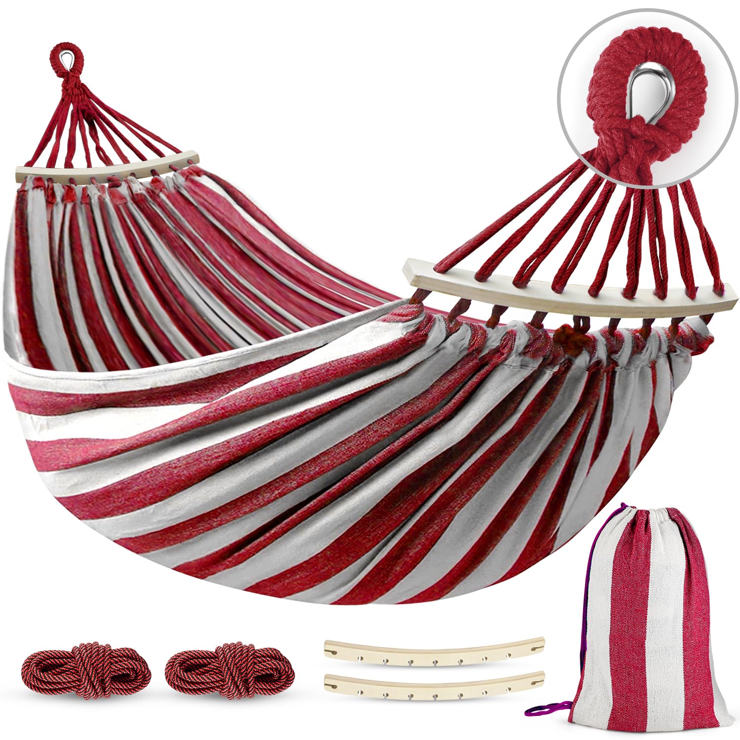 MOSFiATA Hammocks Portable Camping Hammock Upgraded 550lb Thickened Fabric Single Hammocks with Two Anti Roll Balance Beam and Tree Straps for Camping, Patio, Backyard, Outdoor(Red White)