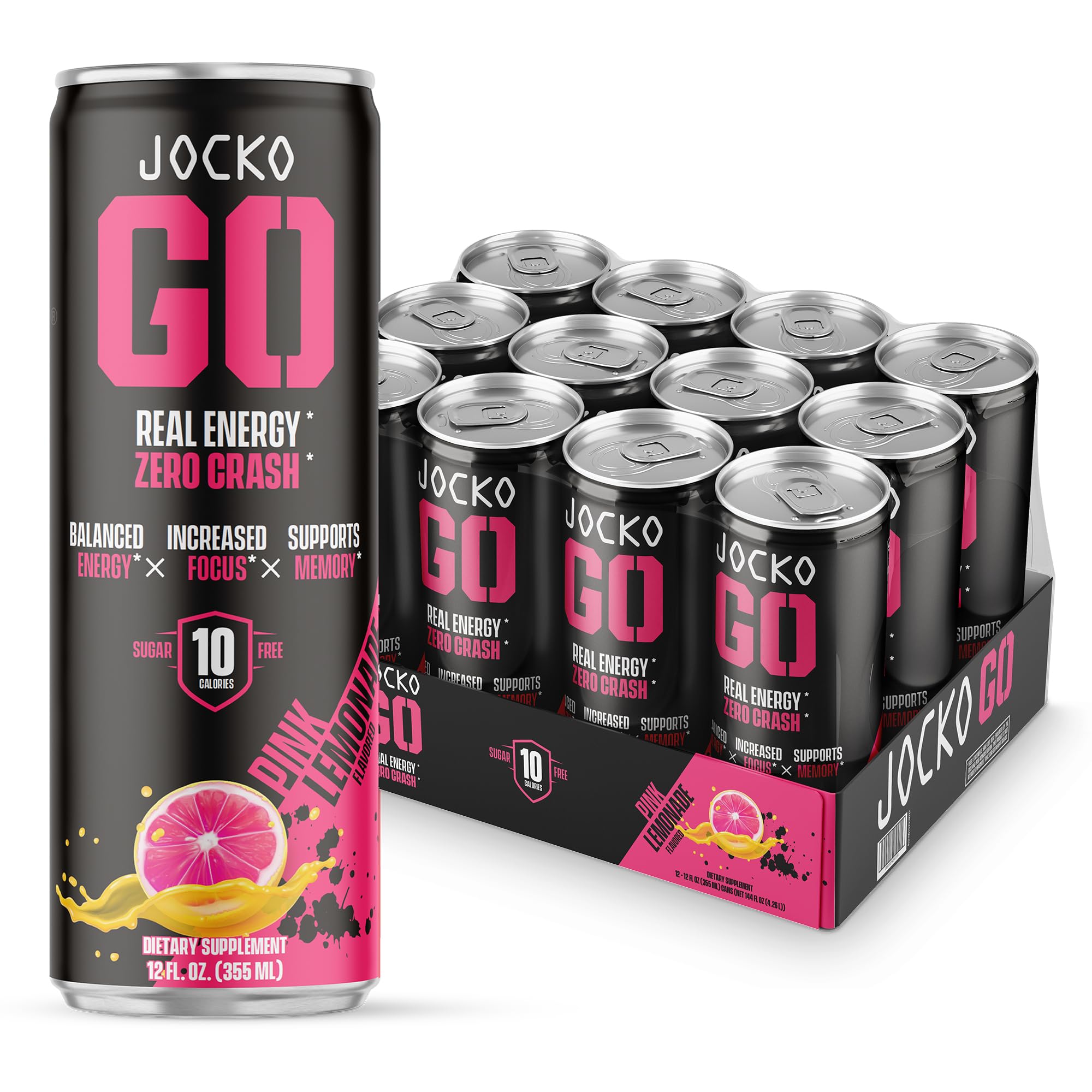 Jocko GO Energy Drink - Keto, Vitamin B12, Vitamin B6, Electrolytes, L Theanine, Magnesium- Energy Boost, Sugar Free Nootropic Monk Fruit Blend - 12 Pack (Pink Lemonade)