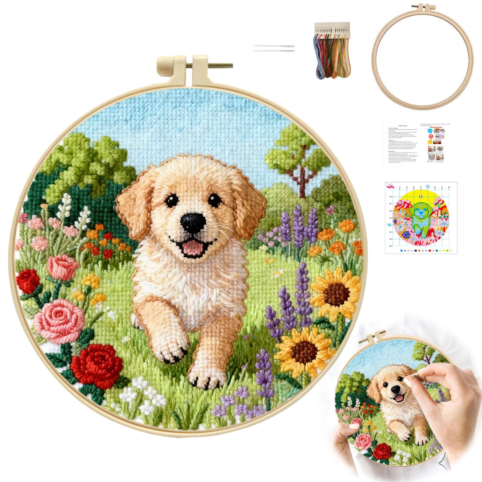 Punch Needle Kit for Kids, Printed Cross Stitch Kits for Beginners, Cute Puppy Pattern Punch Needle Embroidery Kit, Complete Knitting & Sewing Supplies, Gift for Dog Lovers And Kids (Golden Retriever)