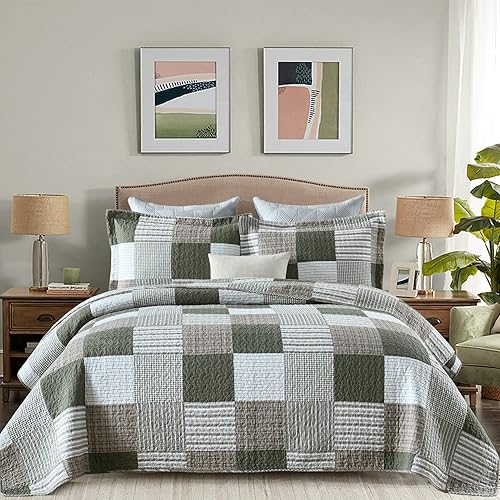 Y-PLWOMEN Juego de edredón tamaño Queen edredón 100 algodón edredón Queen de rayas de luna verde juego de edredón de retazos blancos Queen colcha