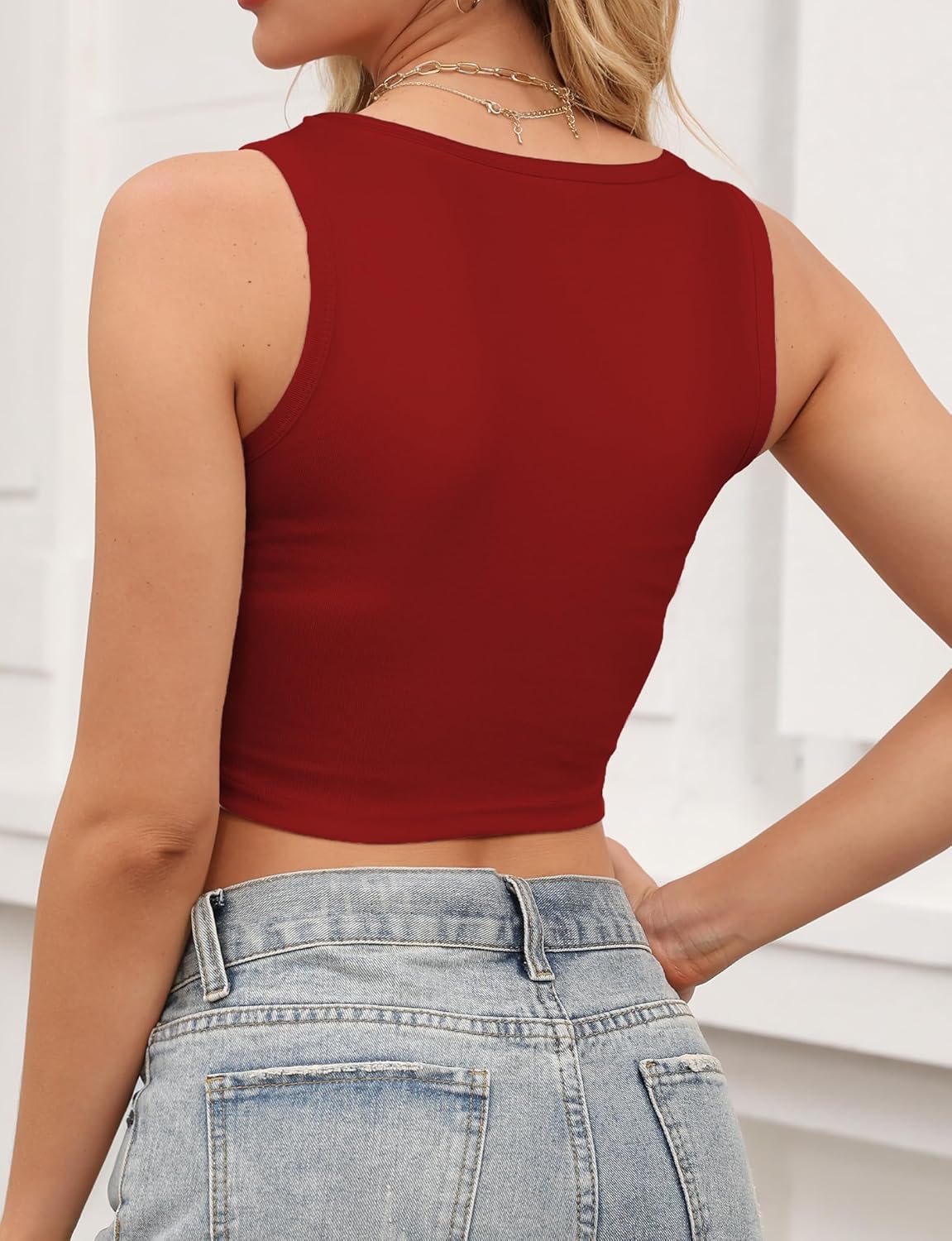 AURUZA 2Pcs Crop Tank Tops for Women, Halter Neck Cropped Tank Top, Racerback Sleeveless Workout Top Athletic Shirt Summer Clothes (White+Red, XL) - Image 3