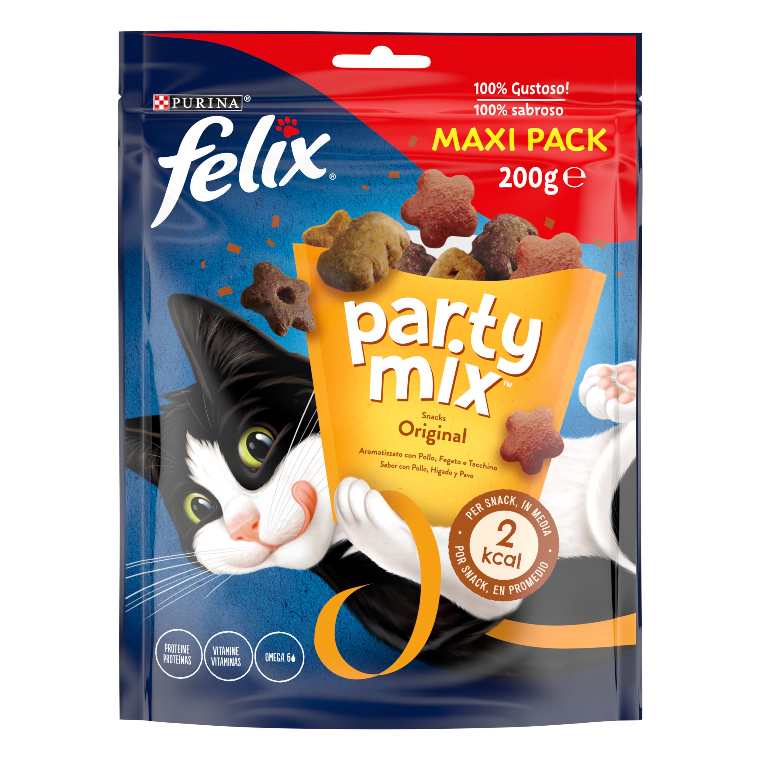 Purina Felix Party Mix Original, Snack, premio para Gato con Pollo, Higado y Pavo, Maxi Pack 5 bolsas de 200g