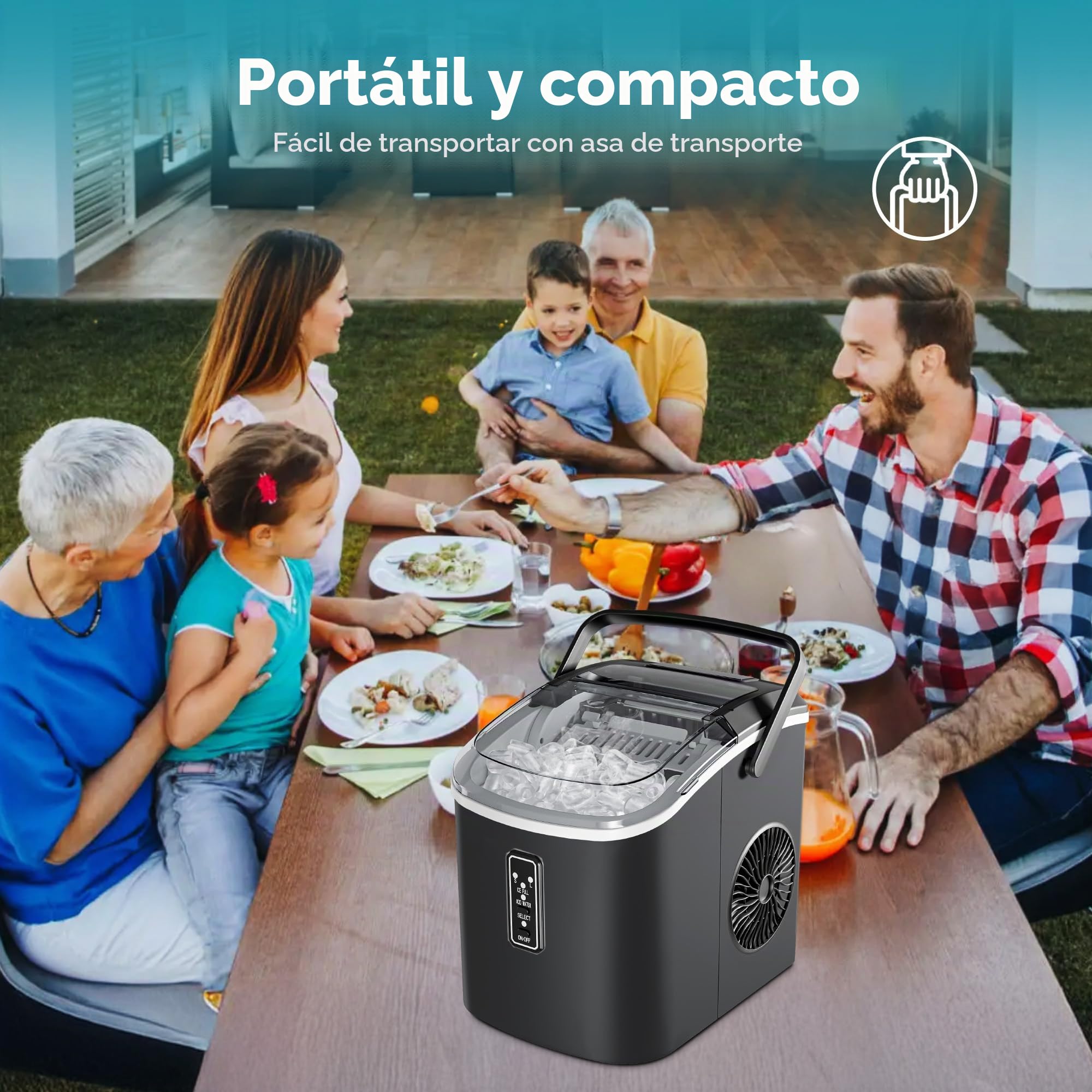 EUHOMY Máquina pequeña para hacer hielo, lista en 6 minutos, produce 9 cubos, 12 kg/día, autolimpiante, máquina de hielo portátil con asa, cesta y cuchara, 2 tamaños de cubitos de hielo para el hogar