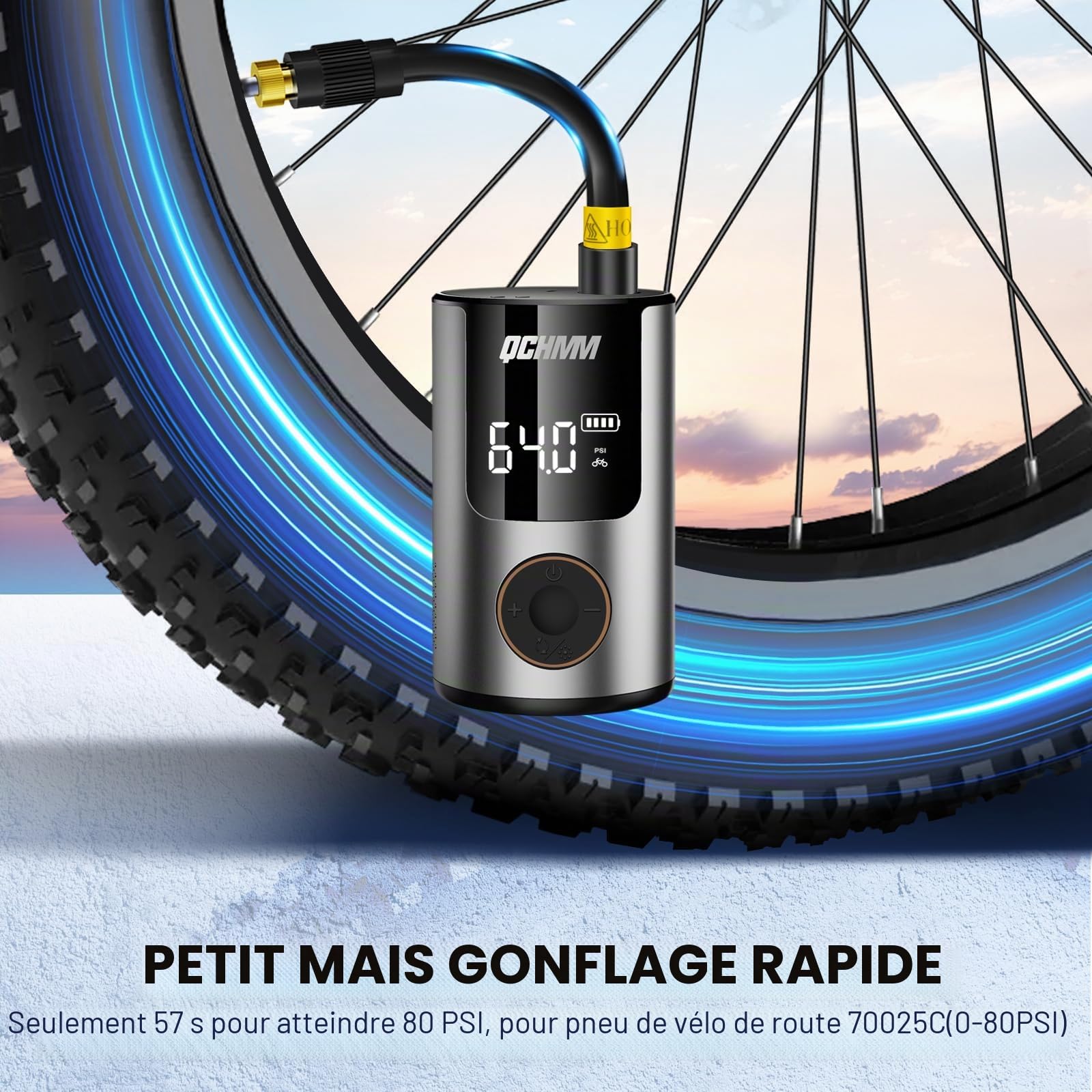 Pompe à vélo Portable, Mini Pompe à vélo électrique 120PSI avec Affichage numérique, valves Presta/Schrader, Arrêt Automatique