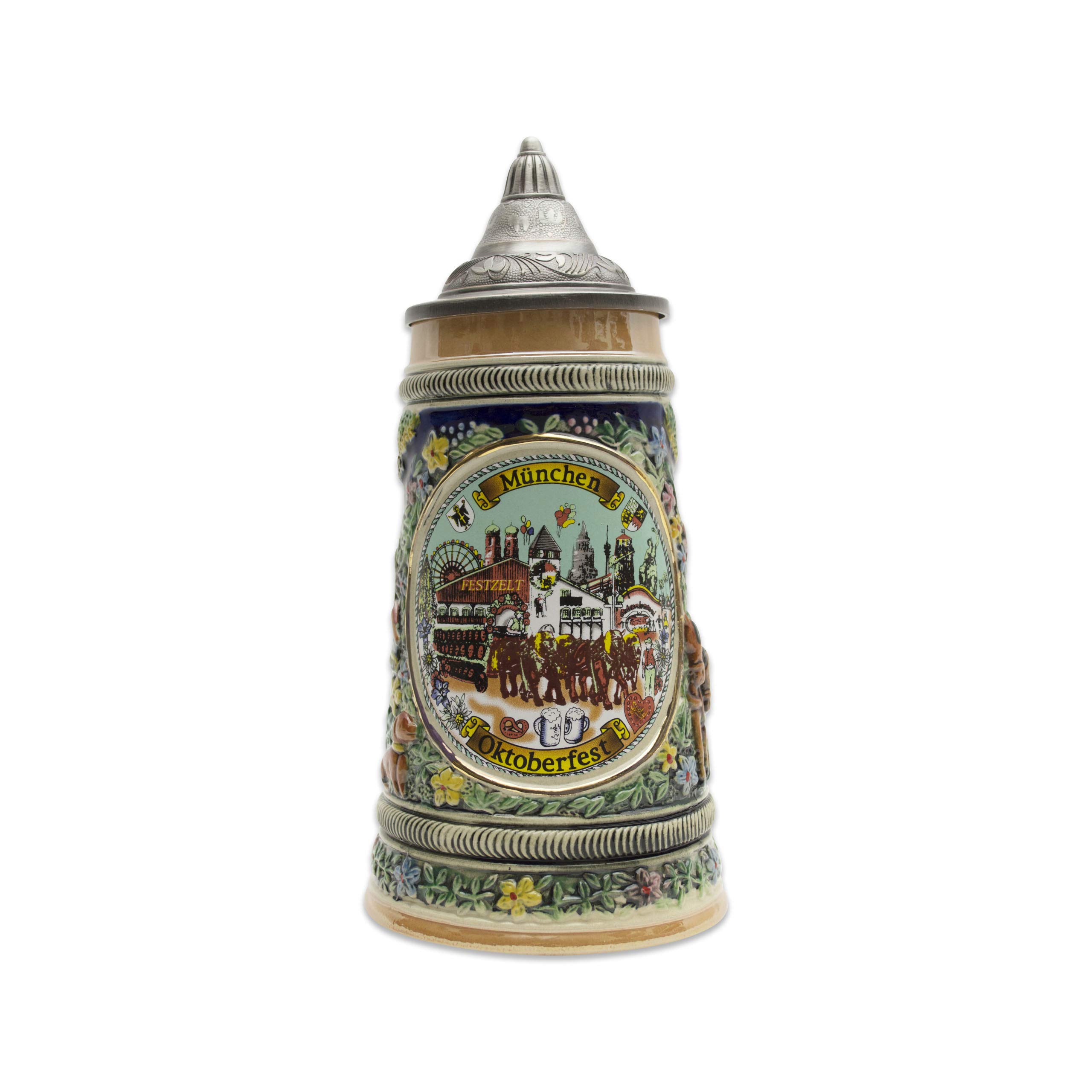 0.55L Munchen German Beer Steins with Lid – Festival Themes Ceramic Collectible Beer Stein Mug - Traditional German Steins for Beer Lovers, Men, Gifts & Home Bar Décor