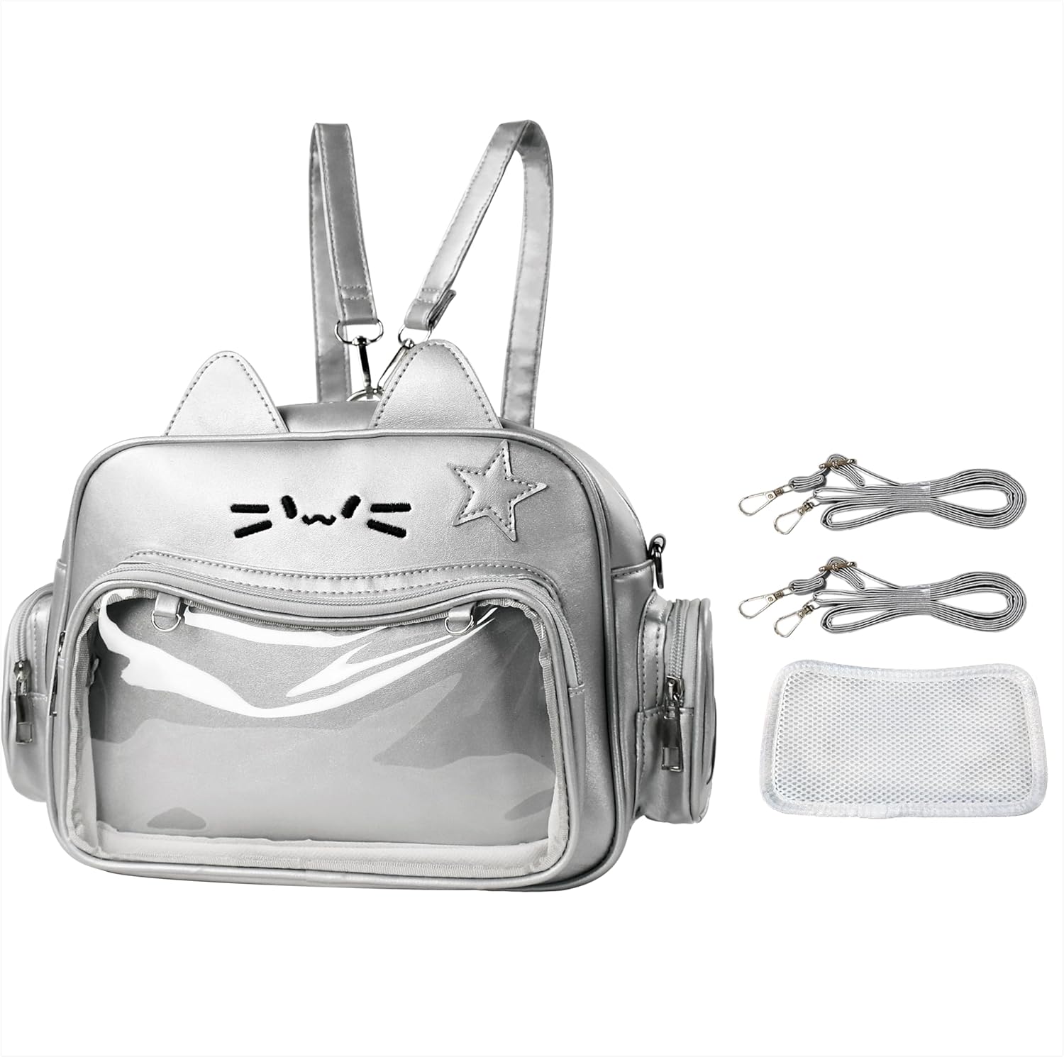Kawaii Ita Bag Cat Backpack Y2k Girl Japanese School Bag Anime Shoulder Crossbody with Pin Display (Silver)