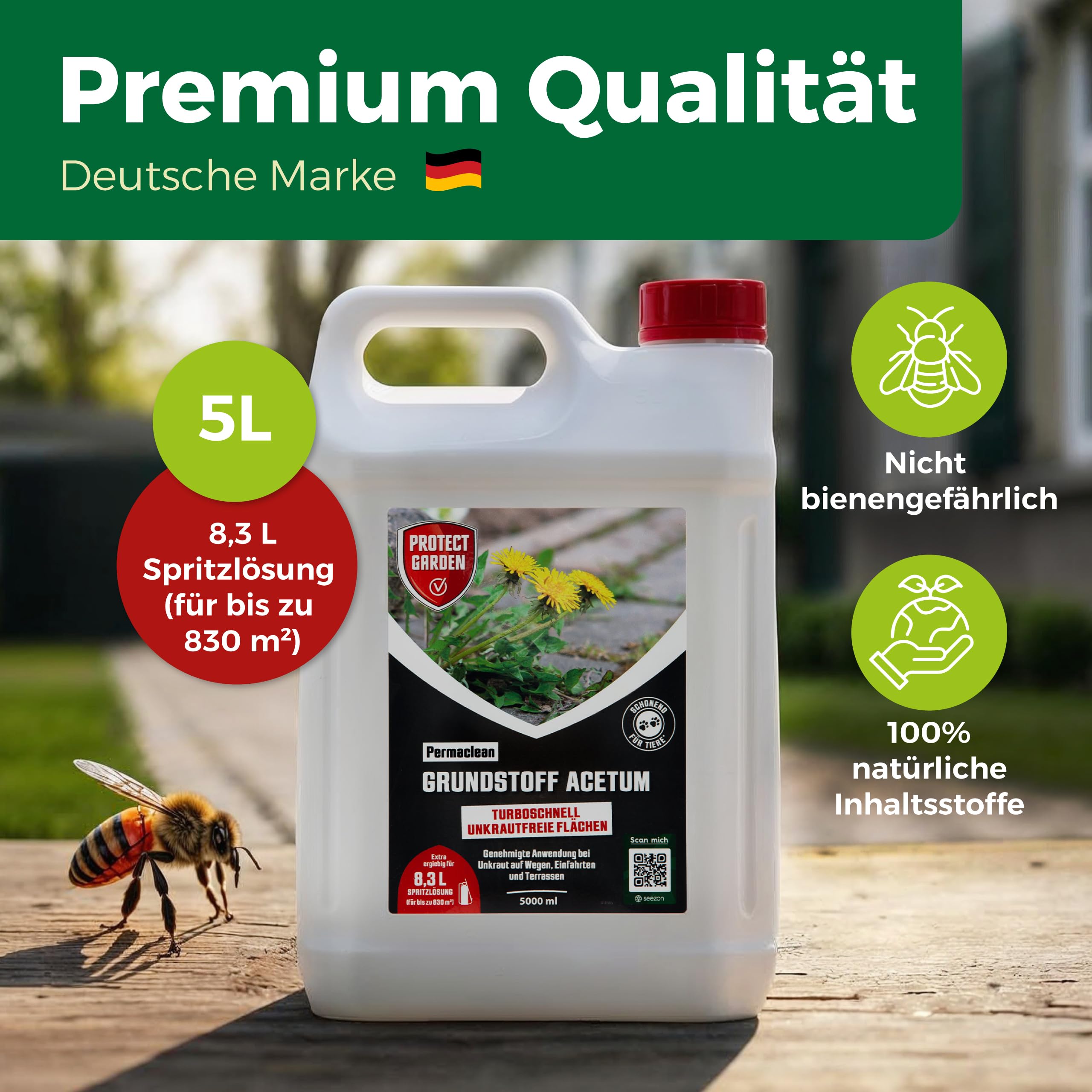 PROTECT GARDEN Permaclean Grundstoff Acetum, turboschnelle Beseitigung von Unkraut auf Wegen, Plätzen und Terrassen, 5 Liter Kanister