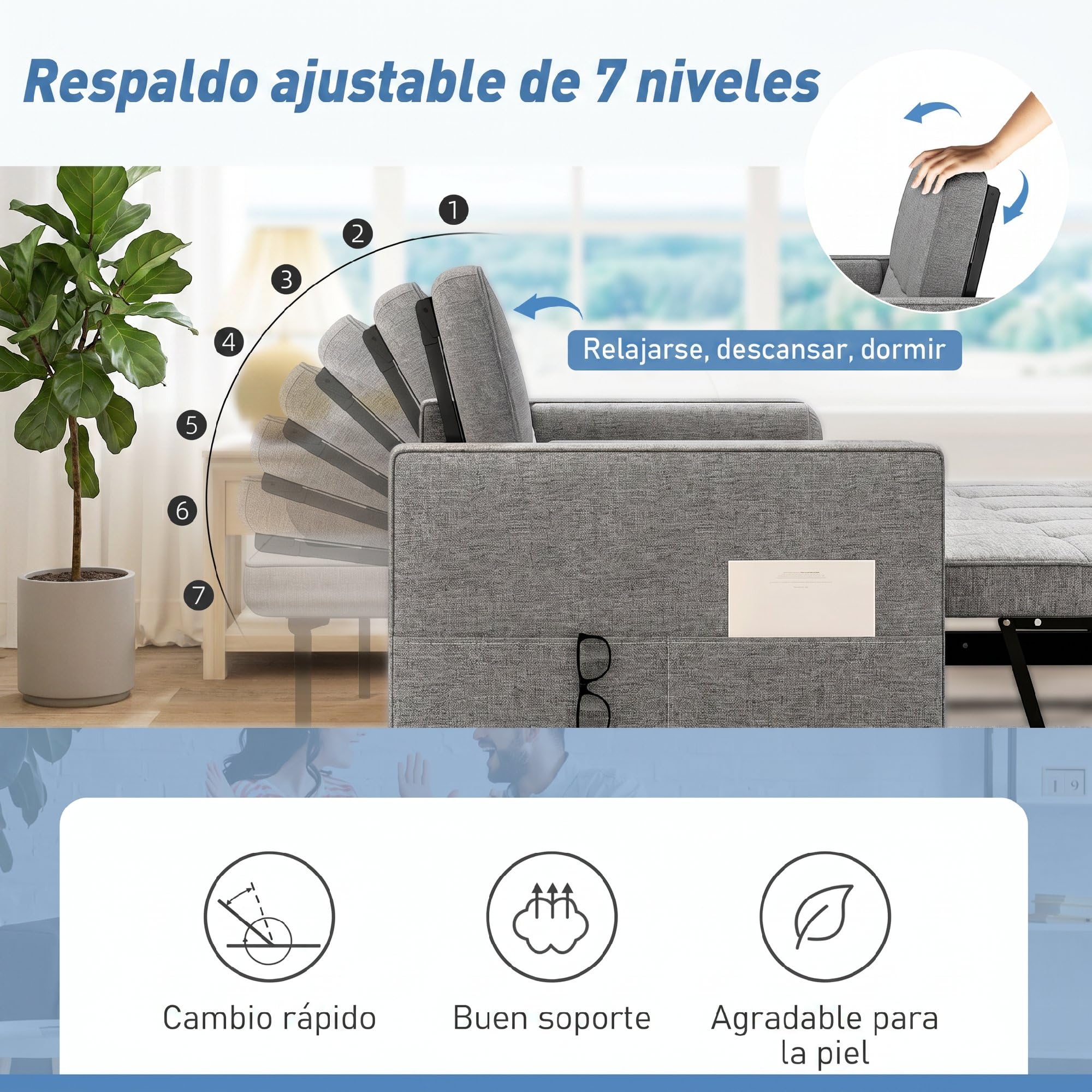 HOMCOM Sofá Cama 2 Plazas 3 en 1 con Respaldo Ajustable 6 Niveles Gris | Sofá Cama Deslizante, Tejido Lino, Bolsillos Laterales, 2 Cojines Fundas Extraíbles, para Sala de Estar, Espacios Pequeños