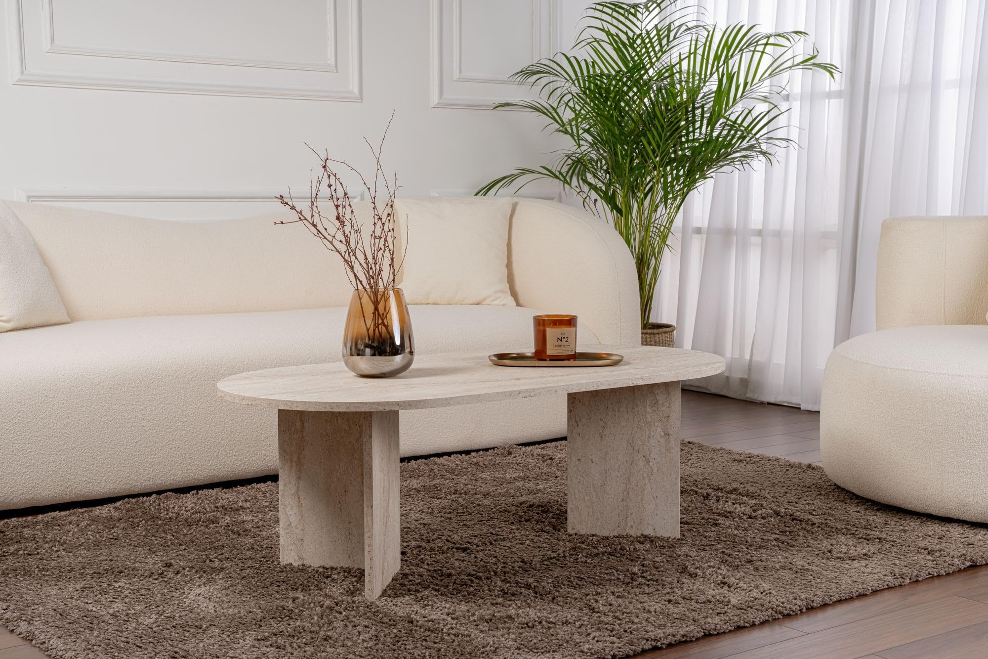Eleganter Couchtisch, Travertine-Farbe, 119 x 39,8 x 60 cm | 100% melaminbeschichtete Spanplatte, 18 mm Stärke | stilvolles Marmordesign für Moderne Wohnräume