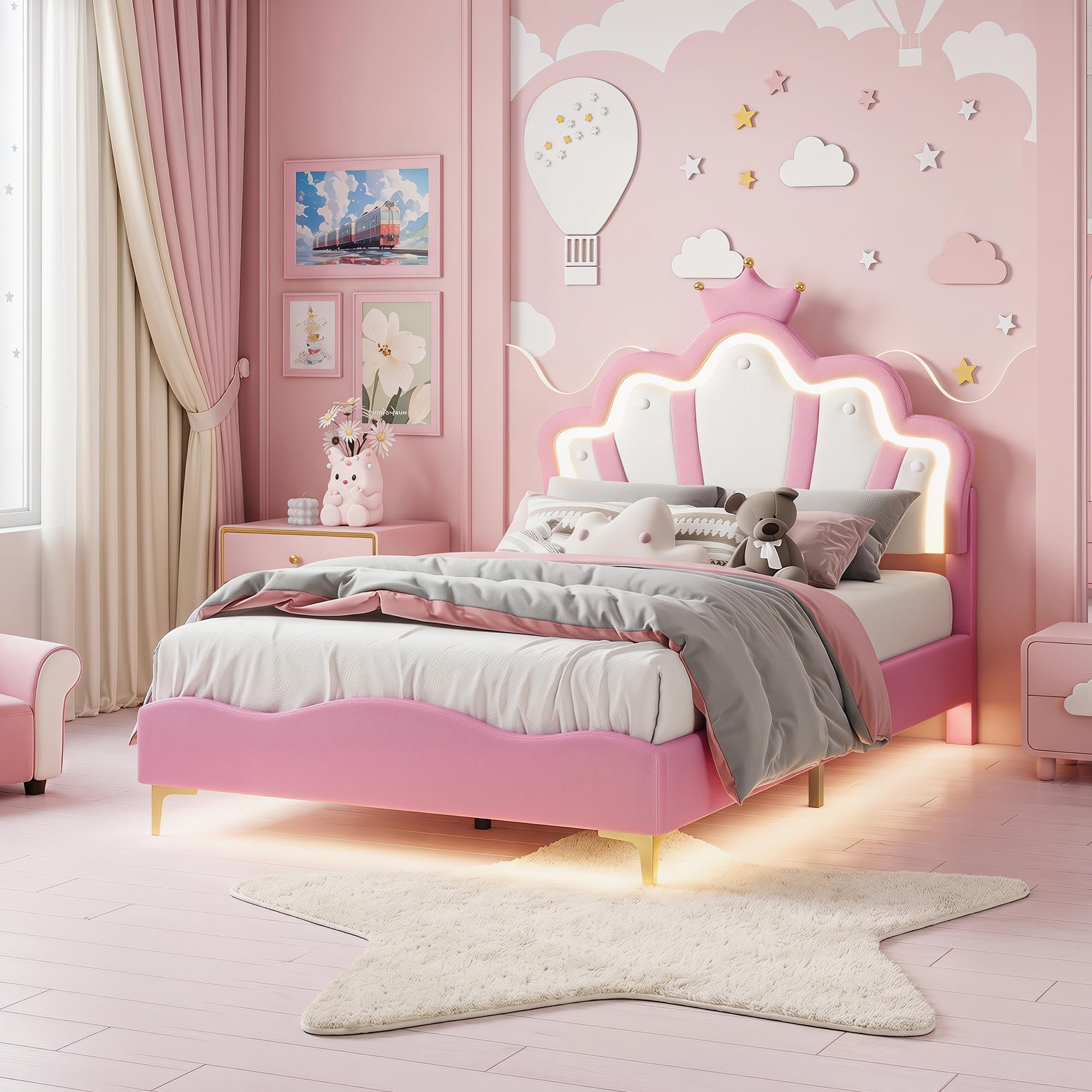 Générique Lit Enfant Rembourré 90x190 cm avec LED, Lits Double pour Fille, lit d'Adolescent avec Tête de Bed Réglable en Hauteur Princesse Couronne et Sommier à Lattes, PU Rose