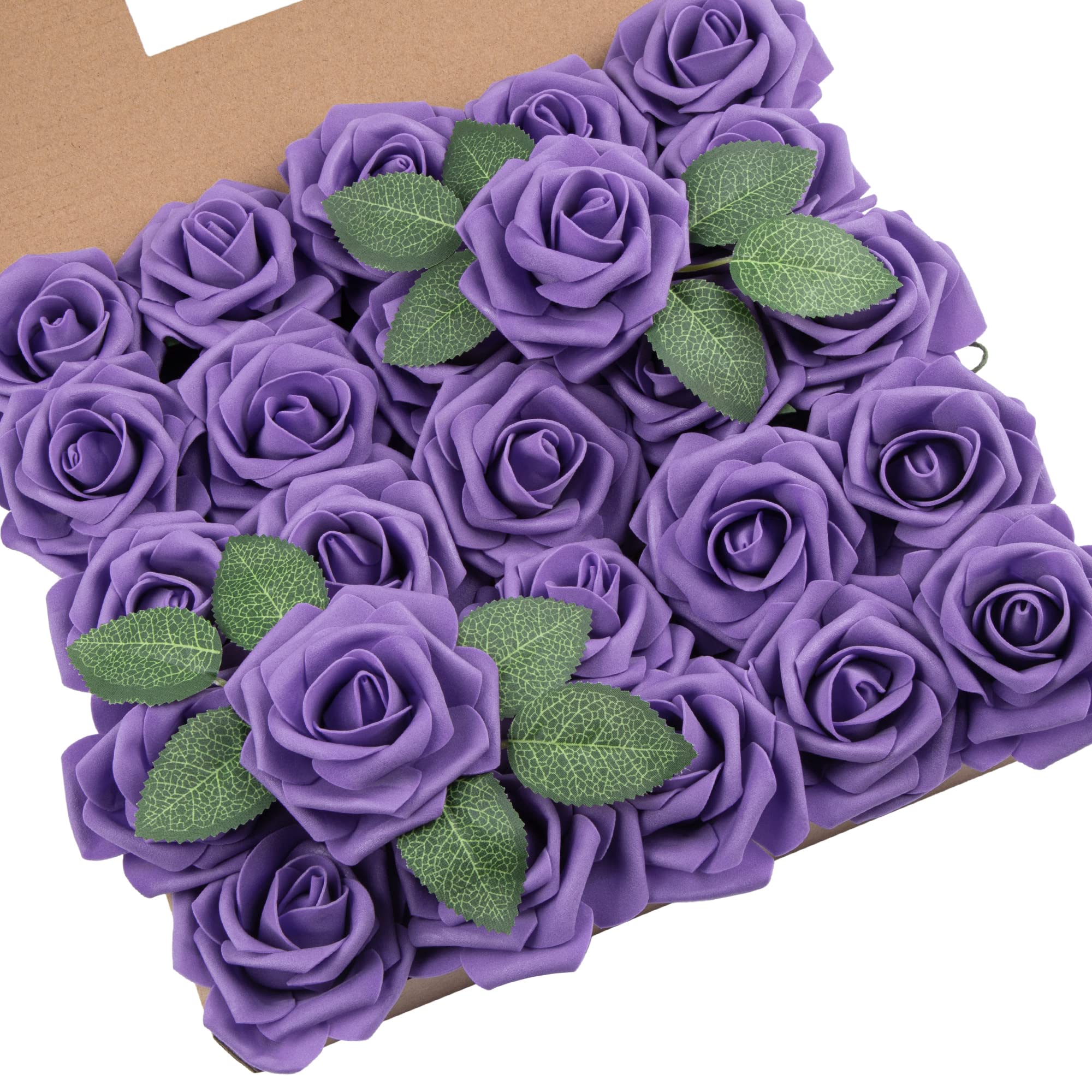 DuHouse Artificial Roses 25Pcs Fake Foam Rose Flowers Weeding(Purple)