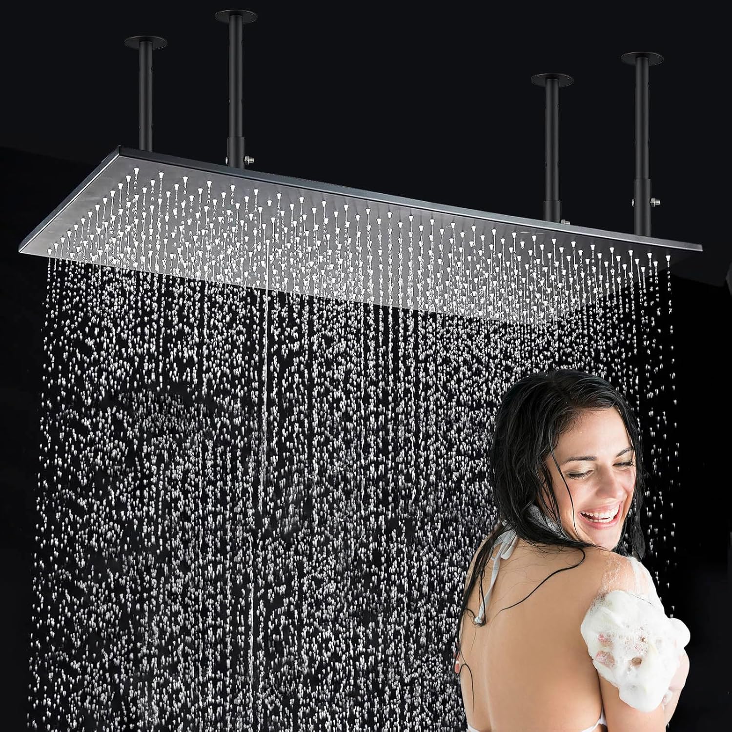 Rain Shower Head 16"x32" Stainless Steel Rainfall Showerhead,Black Square Bathroom Shower Head,Ceiling Mounted