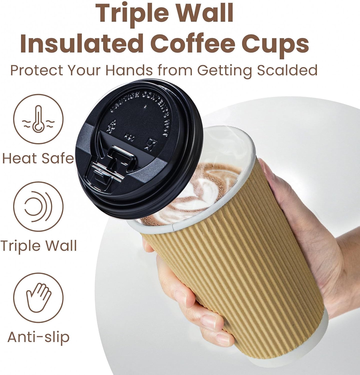 Fit Meal Prep 50 Pack 16 oz Insulated Ripple Triple Wall Paper Coffee Cups with Black Lids, Premium Disposable, Brown To Go Anti Slip for Hot Beverage, Christmas, Travel, Office - Image 3