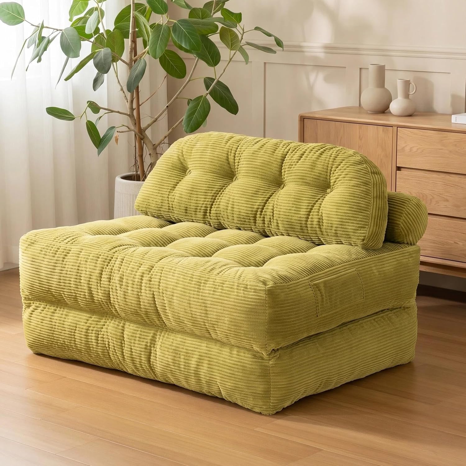 Qundicy Convertible Corduroy Floor Sofa, 3-in-1 Folding Lazy Sofa Bed with Adjustable Backrest, Soft Bean Bag Chair Lounger for Living Room, Bedroom, Guest Room, Oversized Sleeper Chair