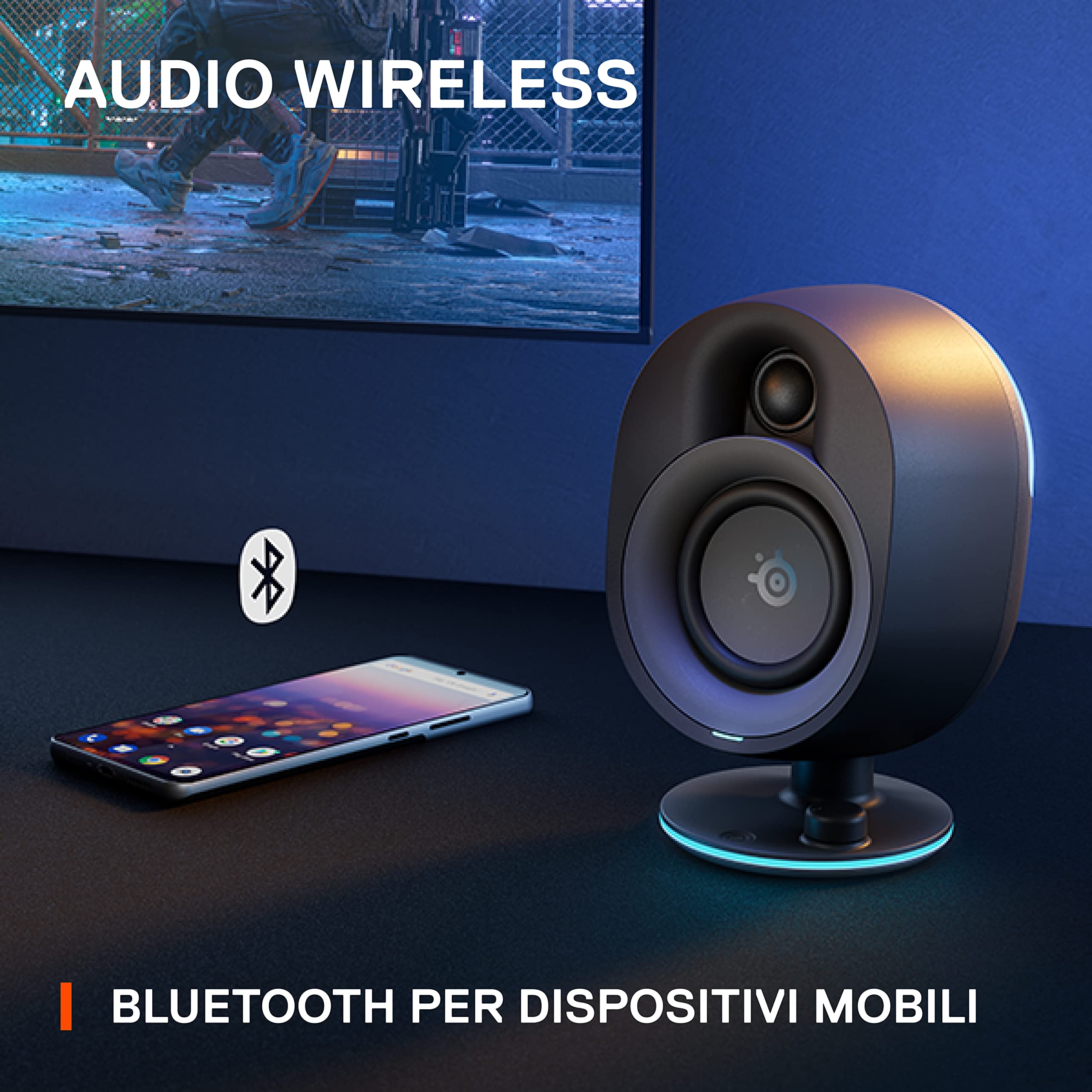 SteelSeries Arena 7 - Altoparlanti da gaming 2.1 illuminati - Design a 2 vie - Bassi potenti, subwoofer - Illuminazione RGB reattiva - USB, Aux, Ottico, Cablato - Bluetooth
