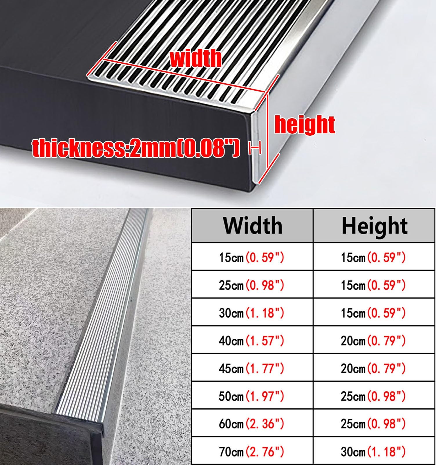 Perfil de Borde de Escalera Protector de Borde de Escalera de Acero Inoxidable 304, Impermeable Moldura de Nariz de Escalera para Peldaños de Mármol, Hormigón(L-120cm(47"),W-4cm(1.57"))