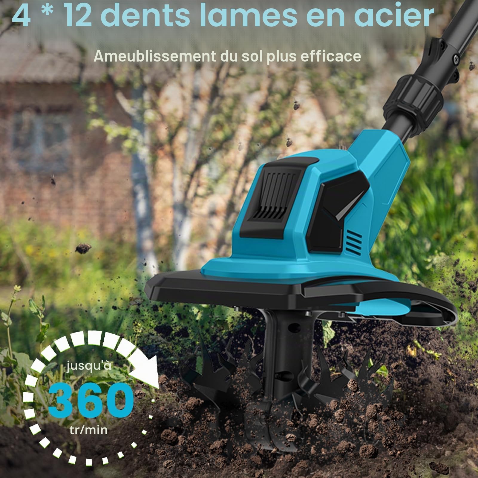 Motobineuse électrique sur Batterie 18 V, motobinatrice sans Fil, Largeur/Profondeur de Travail 10/25 cm, 360 TR/Min, Pliable, Tube télescopique, pour Jardin et Cours (1 Batterie)