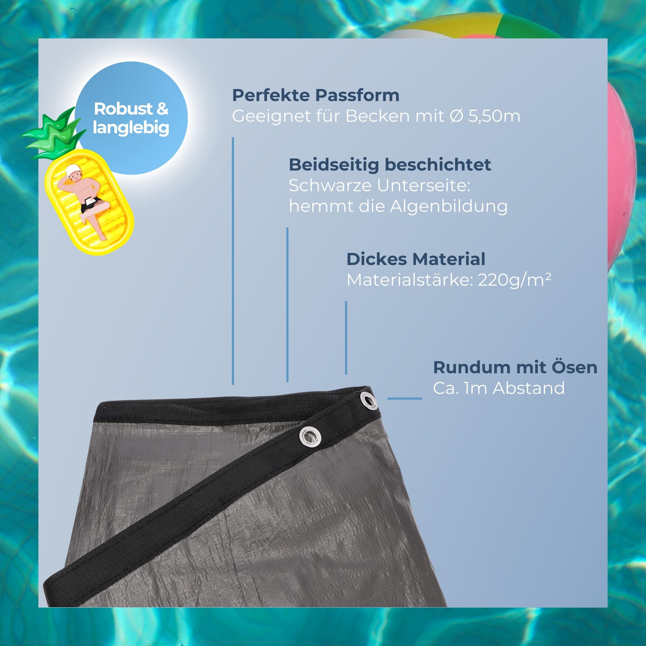 Duraol Poolabdeckung rund I 5,50 m Durchmesser I Hochwertige Pool Abdeckplane mit Materialstärke 220g/m² I Robuste Abdeckplane Pool rund mit Randverstärkung I Beidseitig beschichtet & wasserdicht