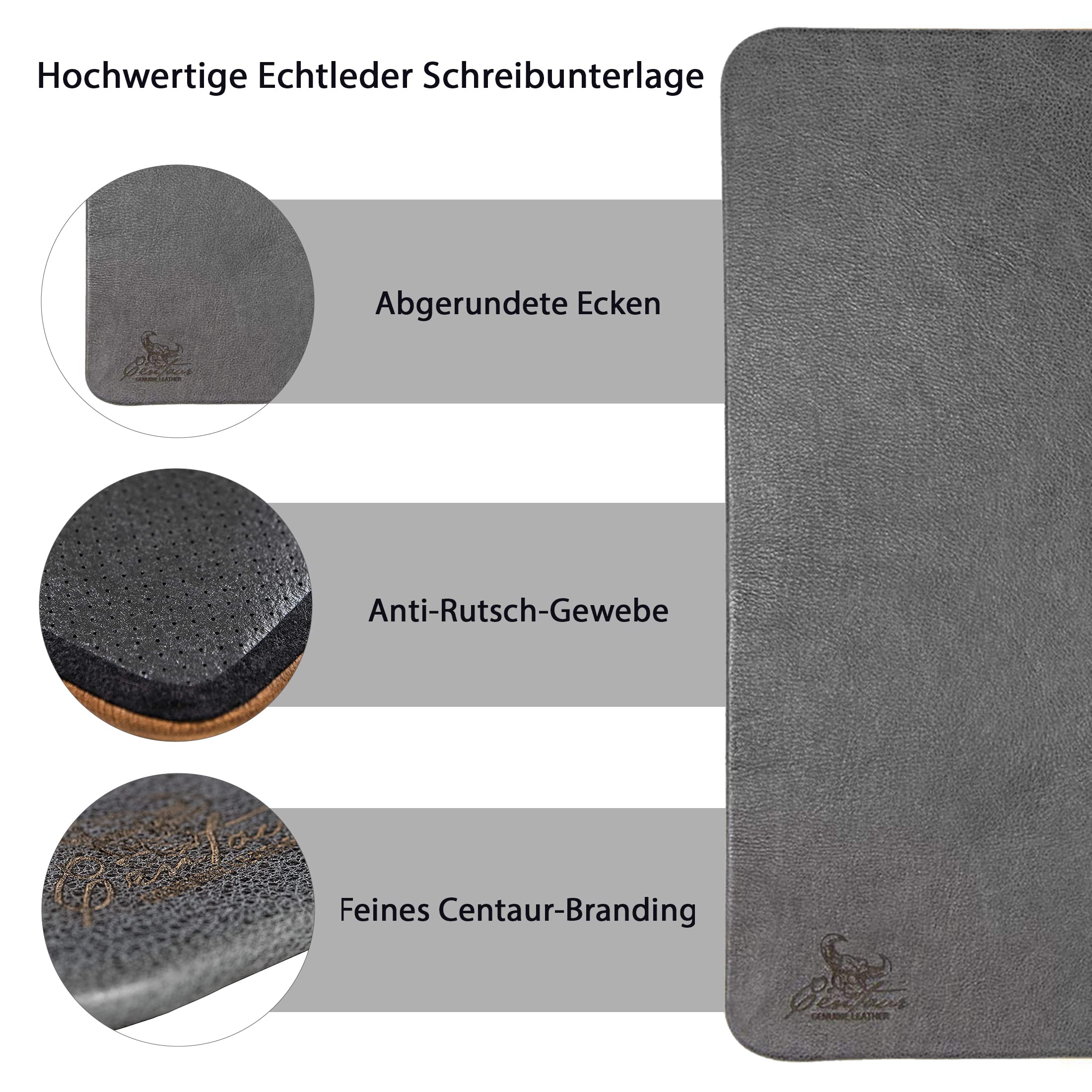 Centaur - Hochwertige Leder Schreibtischunterlage - Basaltgrau 40x60 cm - ideal für Büro und Zuhause - Pflegeleichte Schreibunterlage - Handmade in Germany