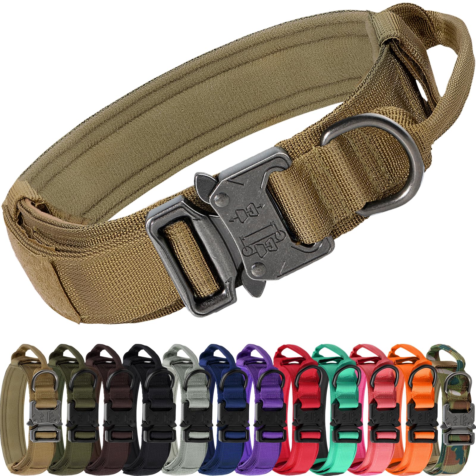 Joytale Tactical Dog Collar with Handle, Adjustable Heavy Duty Military Collar with 2 Patches for Training, Suitable for Medium Dogs, Khaki, M