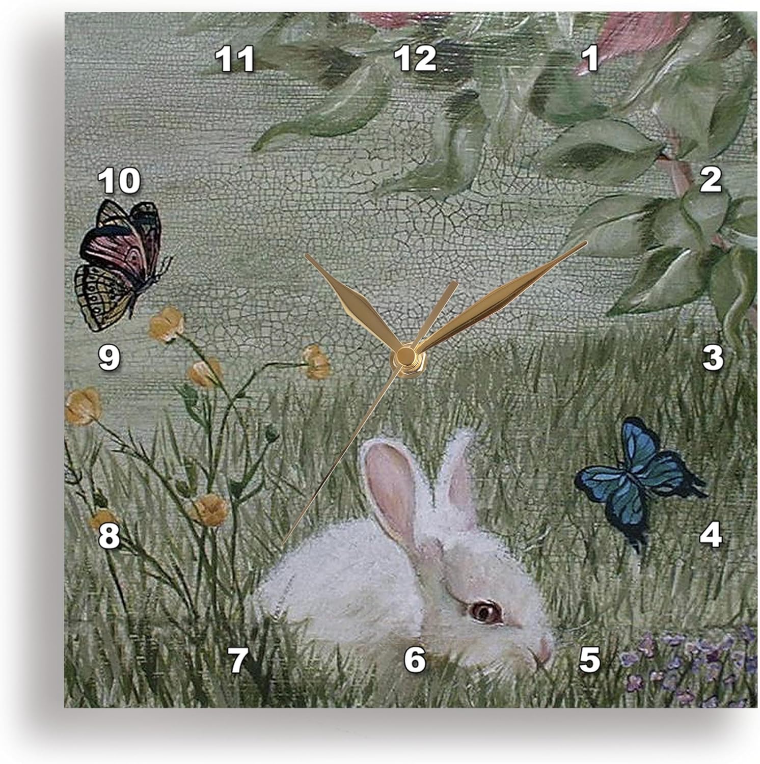 3dRose Wall Clock Silent - 13 inch - Bunny Rabbit in Grass with Butterflies Flying Nearby - Animals - Miscellaneous