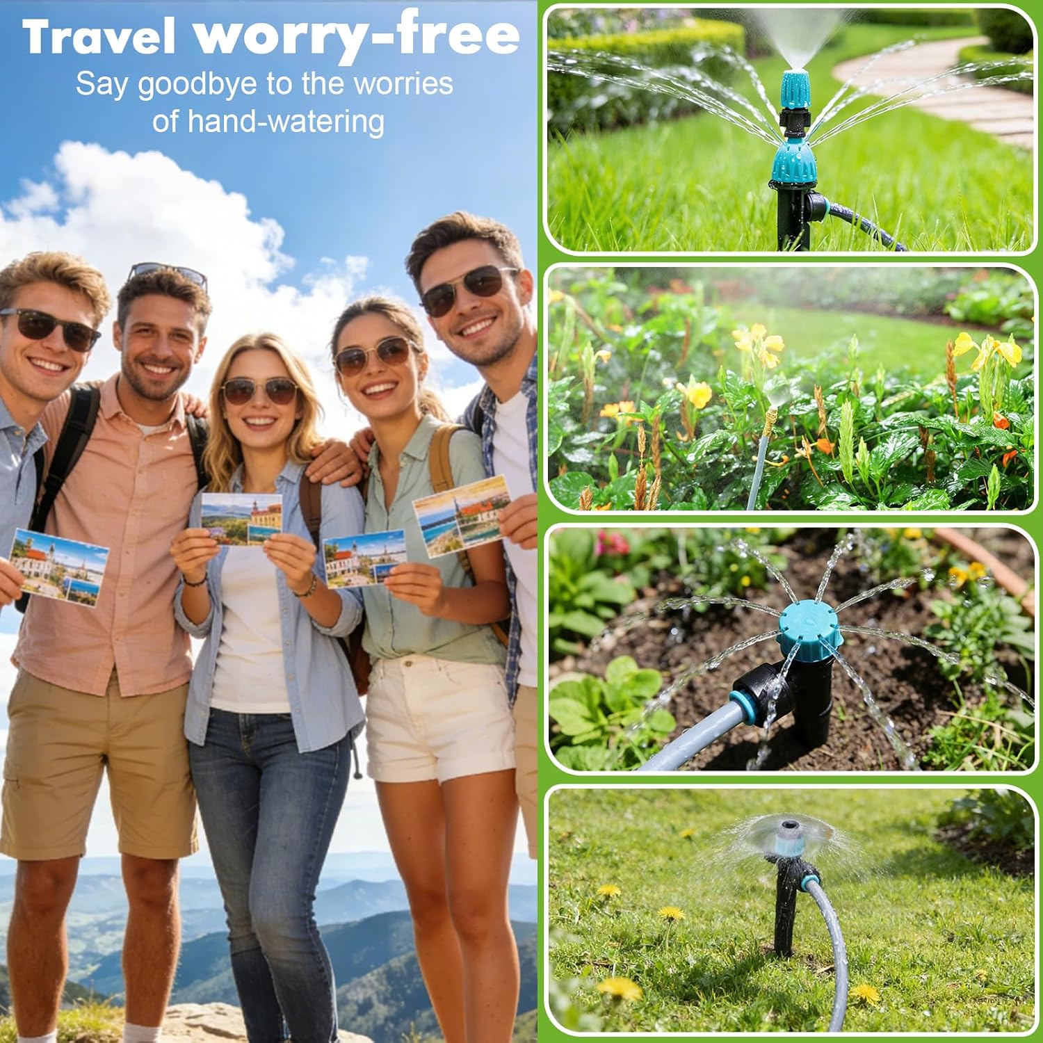 Drip Irrigation System with Sprinkler Timer, Y-Type Zone Divider for 3 Zones, 4 Types of Irrigation Emitters, 52-Meter Drip Hose, Suitable for Gardens, Outdoor Quick-Install Drip Irrigation Kit