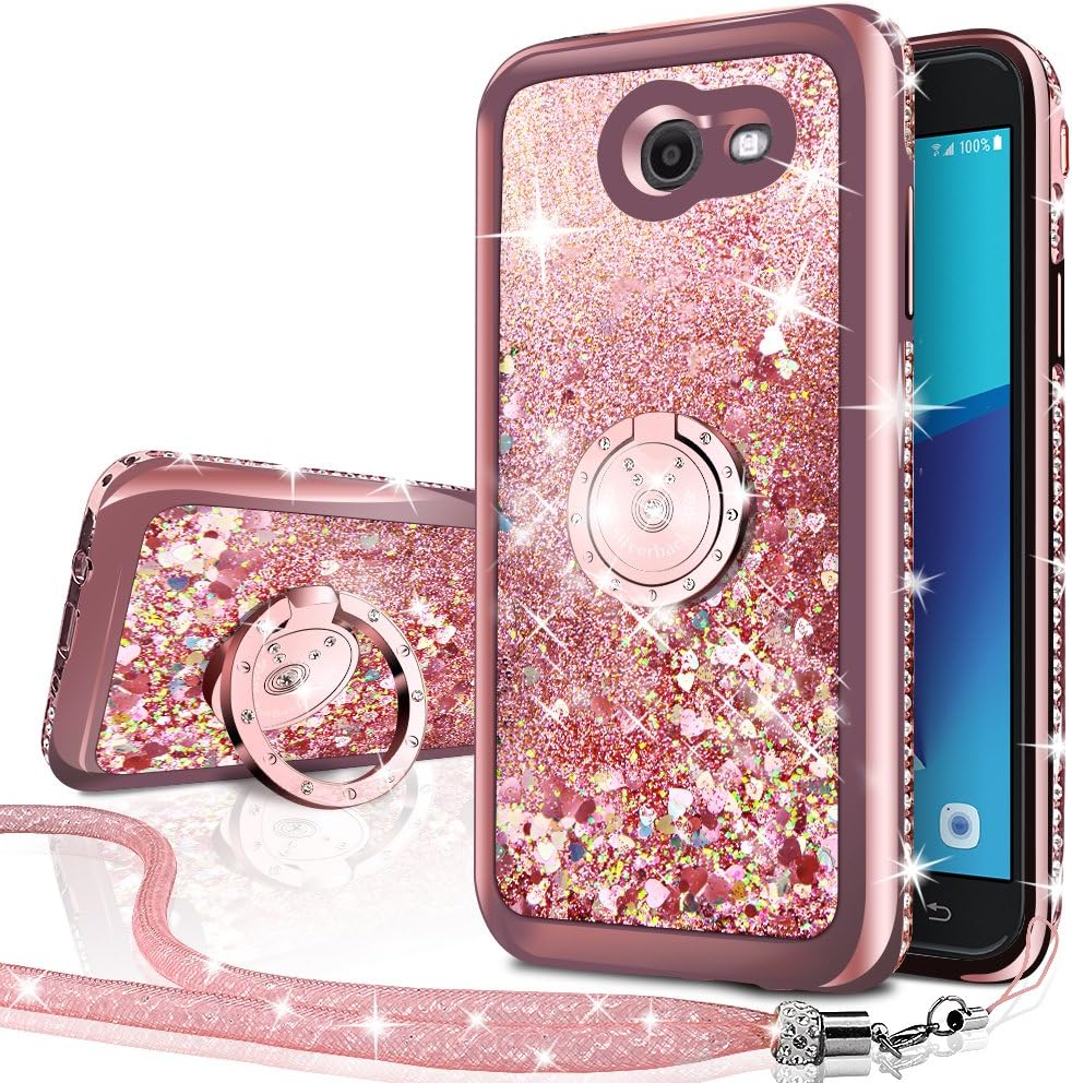 Silverback Galaxy J7 Perx Case,Galaxy J7 V /J7 Sky Pro/Halo Case, Girls Moving Liquid Holographic Sparkle Glitter Case with Ring, Bling Diamond Rhinestone Case for Samsung Galaxy J7V 2017 -RD