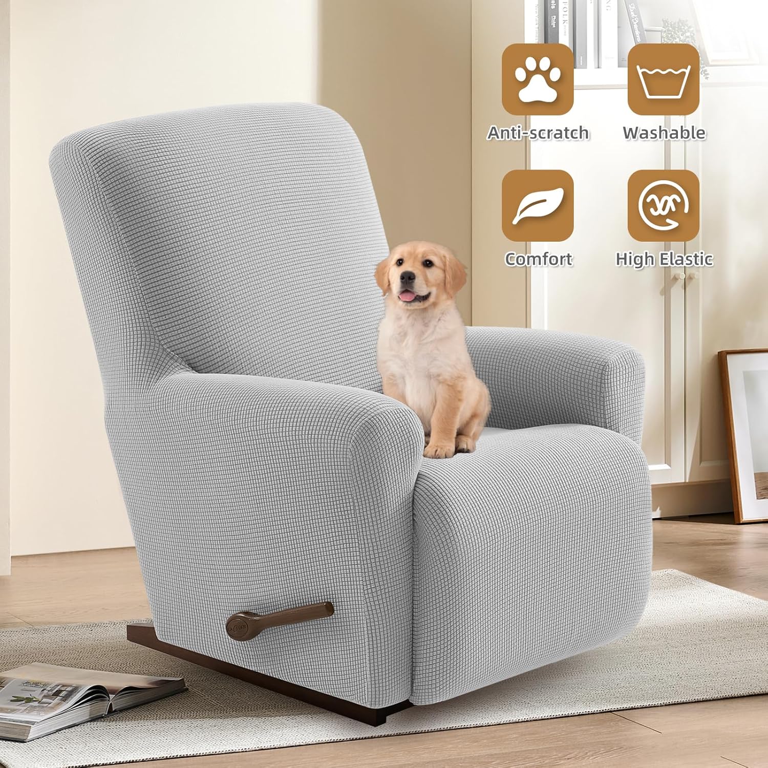 Recliner Chair Covers,1 Piece Stretch Recliner Cover Washable Furniture Protector with Elastic Bottom for Pets Kids Spandex Jacquard Fabric Small Checks(Recliner,Silver)