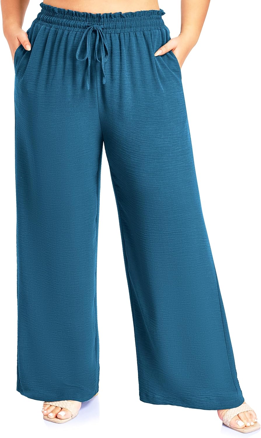 Arolina Plus Size Pants for Women Drawstring Waist Wide Leg Palazzo Beach Pants with Pockets (Regular,Petite) Lake Blue image 4