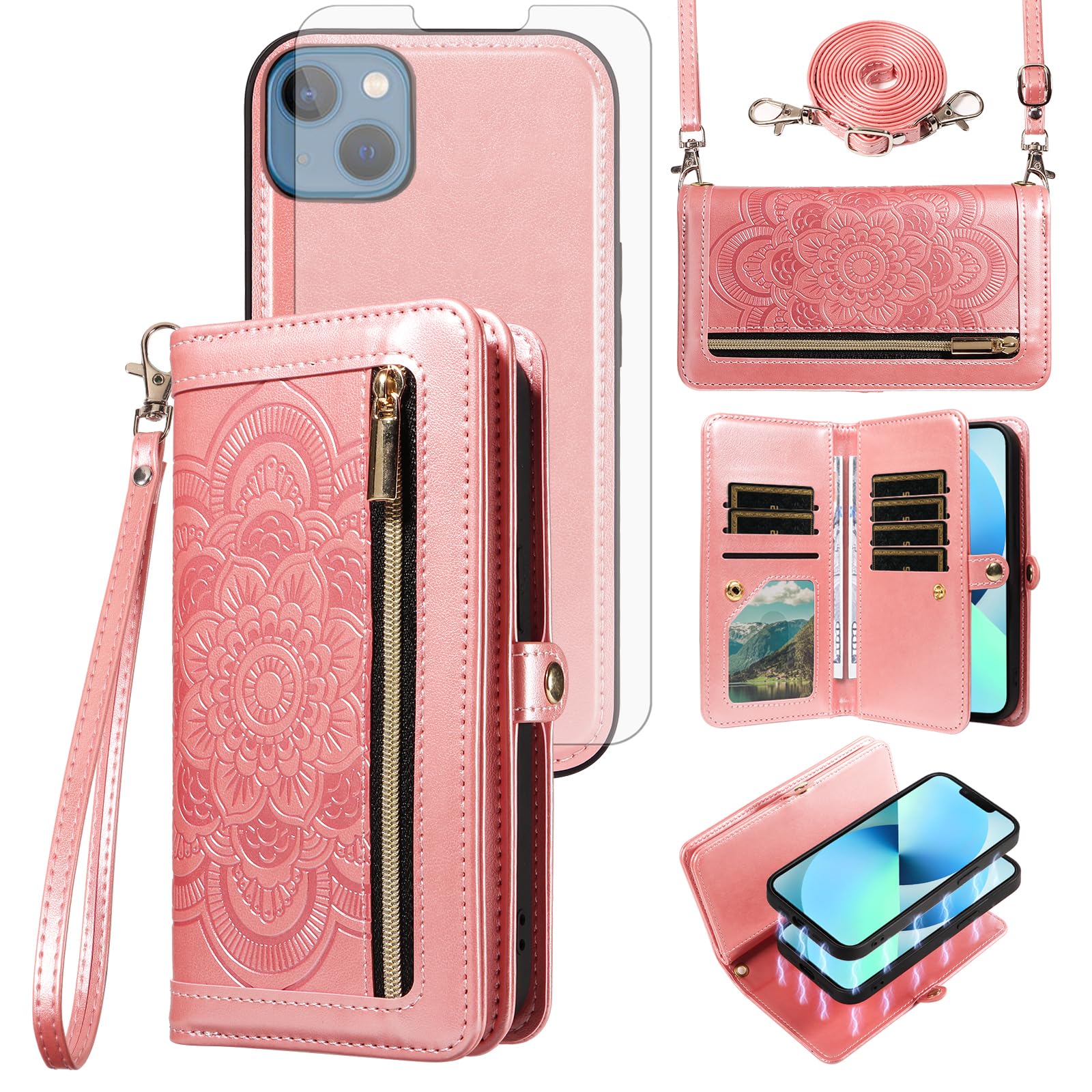 Asuwish Phone Case for iPhone 13 Mini 5.4 inch Zipper Wallet Cell Cover with Tempered Glass Screen Protector Strap Flower Card Holder iPhone13mini