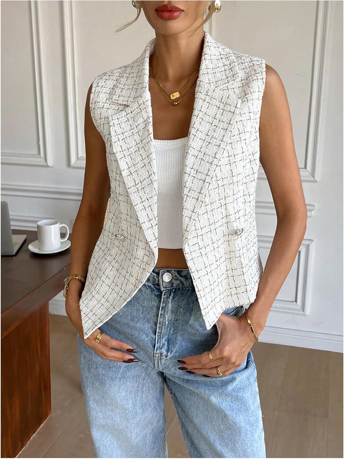 GORGLITTER Women's Plaid Sleeveless Blazers Vest Double Breasted Button Up Waistcoat Dressy Office Corporate Outfits - Image 5