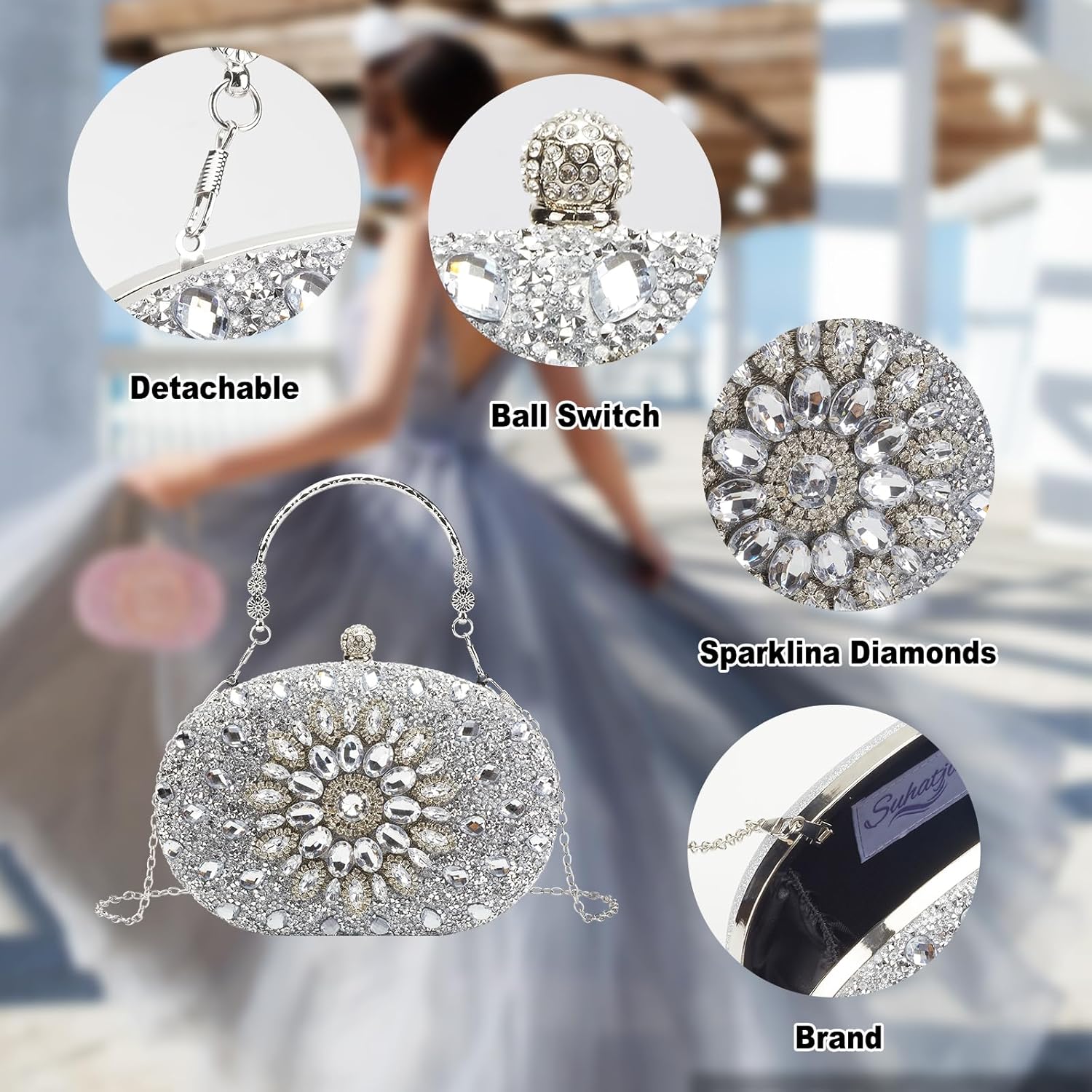 Rhinestone Evening Clutch Purses for Women Evening Weddings,Party Purses Crystal Diamond Glitter Sparkly Handbag - Image 6