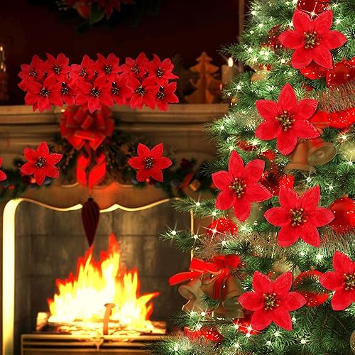 Miniatura 9 de meekoo 48 flores de Pascua artificiales de Navidad, 7 cabezas, flores falsas con tallo de nochebuena, adornos para árbol de Navidad para el hogar,