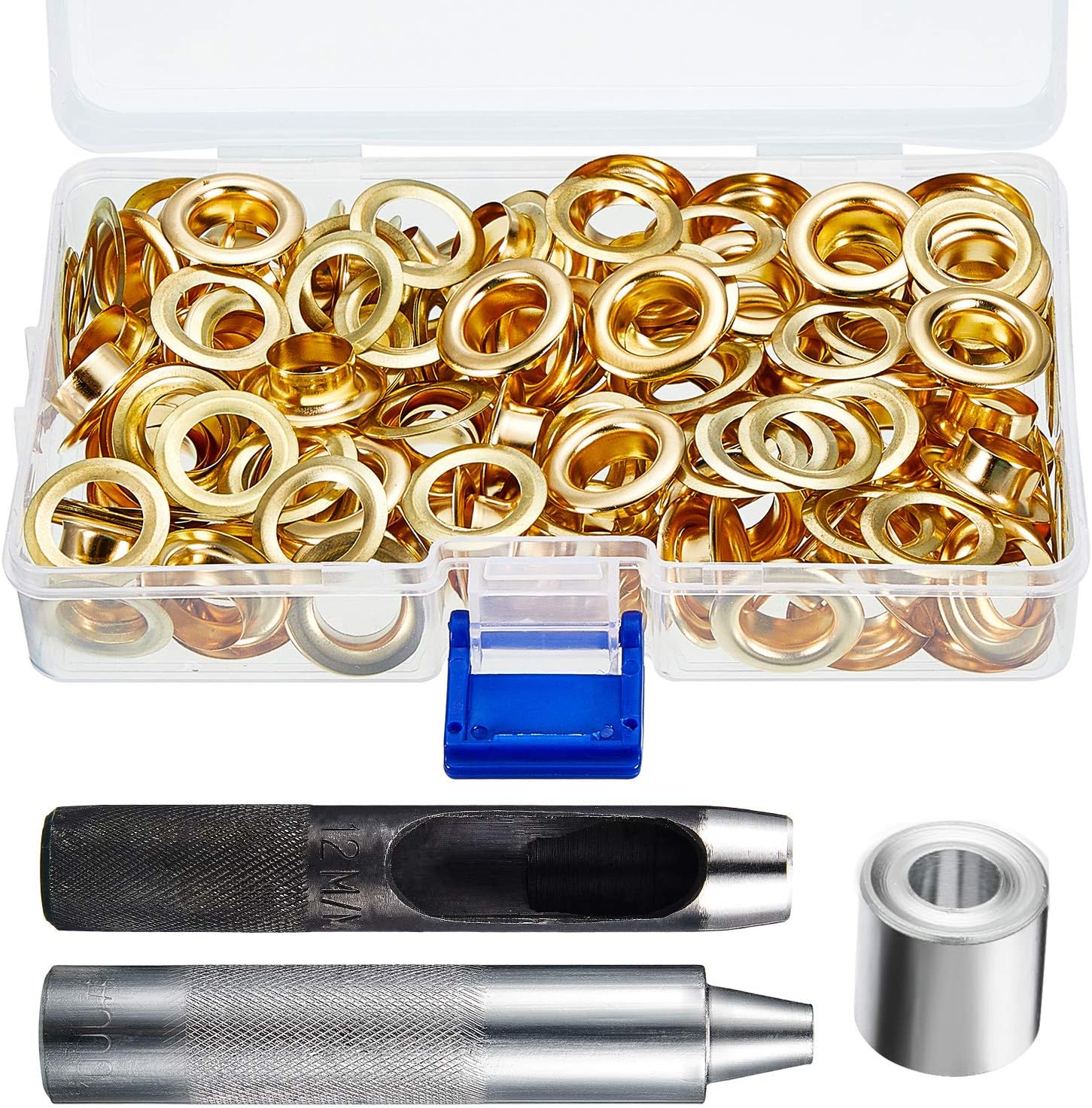 Pangda 100 Sets Grommet Eyelets Tool Kit, Grommet Setting Tool and Eyelets with Setting Tools and Storage Box for Fabric, Tarps, Curtains