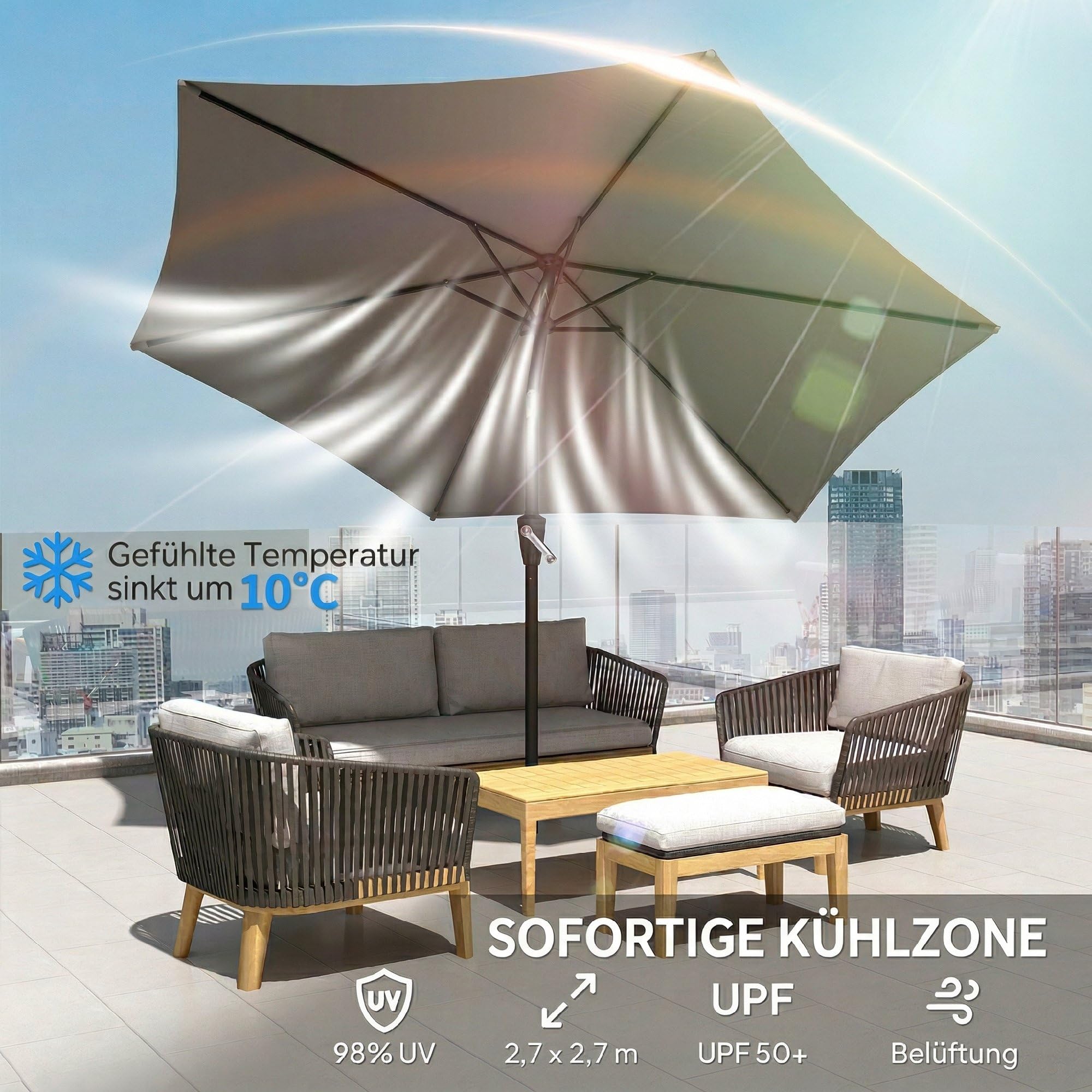 Outsunny Parasol Ø270 cm Regulowany Balkonowy z Korbką UV 50+ Ogrodowy Stabilny Markiz Przeciwsłoneczny na Taras Balkon Ciemnoszary