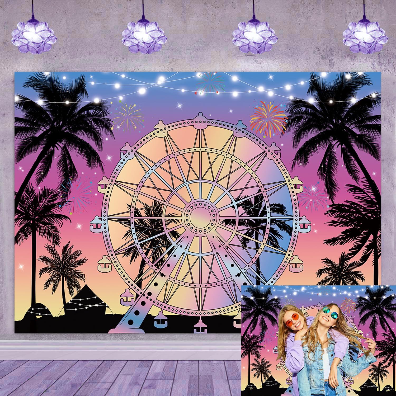 Summer Seaside Ferris Wheel Backdrop 7x5ft Tropical Palm Tree Sunset Photography Background Musical Festival Holidays Party Decoration Banner Studio