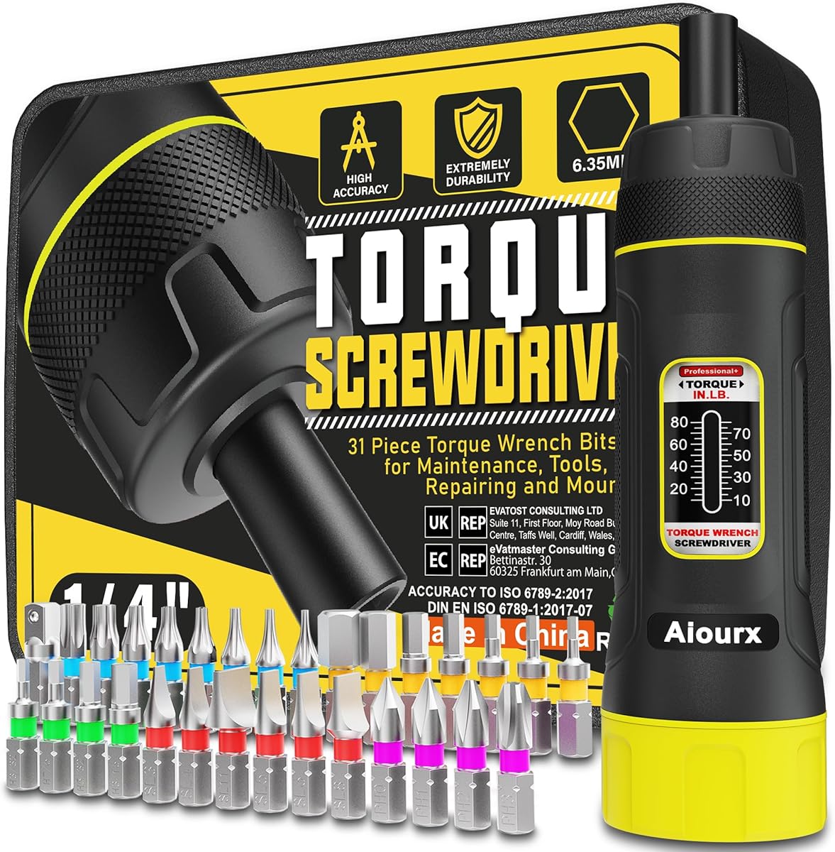 Torque Screwdriver Set, 10-80 Inch Pounds lbs, 31 Piece 1/4" Drive Torque Screwdriver Wrench with S2 Steel Bits for Maintenance, Tools, Bike Repairing and Mounting