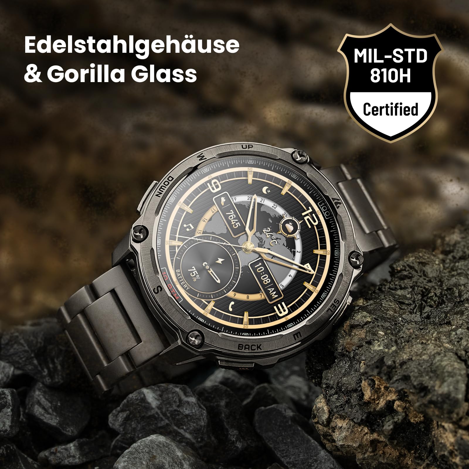 KOSPET Tank T4 Special Edition Smartwatch Herren, Dualband-GPS, 2 Armbänder | Karten offline, Edelstahl, 1,43" AMOLED Robuste Militär Watch, 10ATM, 180+ Sportmodi, Herzfrequenzmonitor für Android iOS